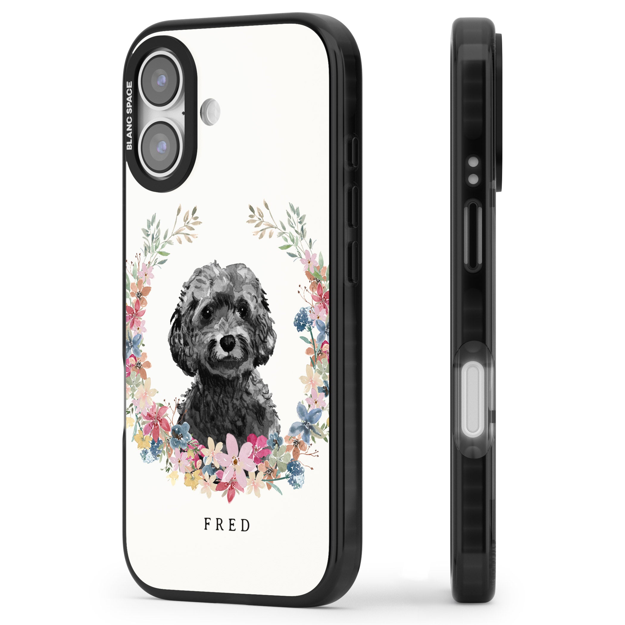 Personalised Black Cockapoo Floral Portrait iPhone 17 Impact Pro Black Phone Case Side Profile