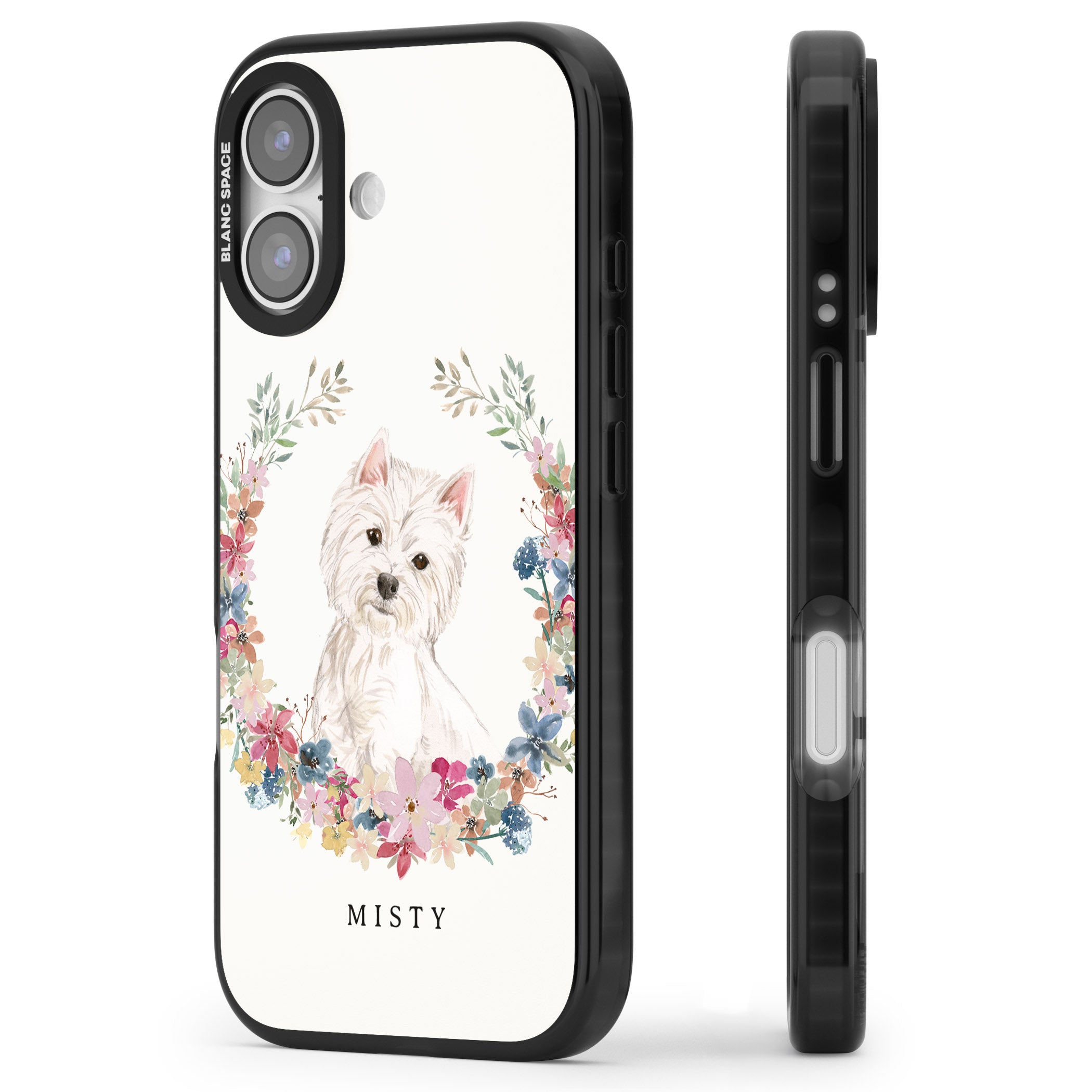 Personalised Westie Floral Portrait iPhone 17 Impact Pro Black Phone Case Side Profile