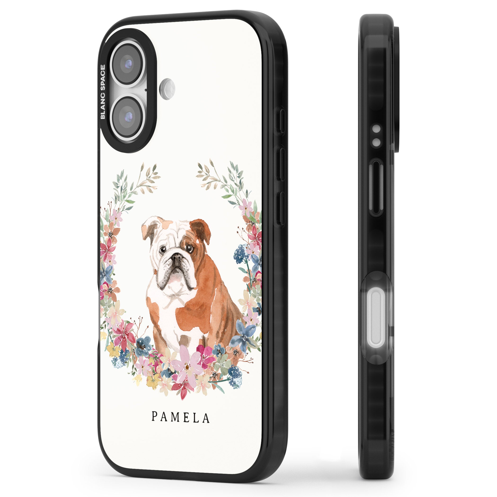 Personalised English Bulldog Floral Portrait iPhone 17 Impact Pro Black Phone Case Side Profile
