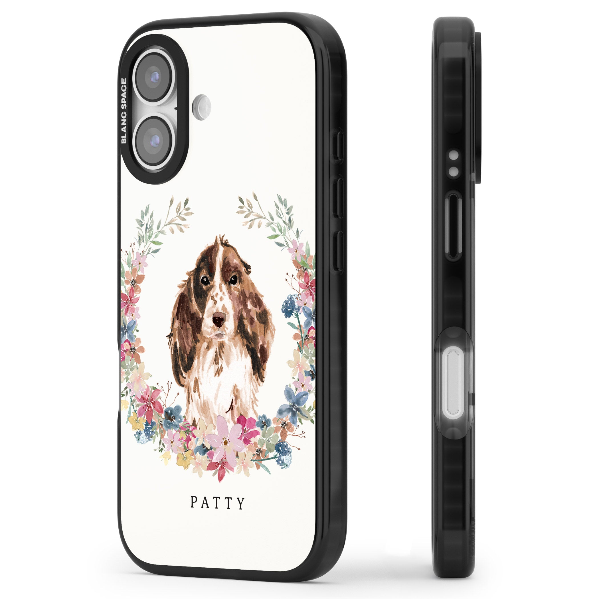 Personalised Cocker Spaniel Floral Portrait iPhone 17 Impact Pro Black Phone Case Side Profile
