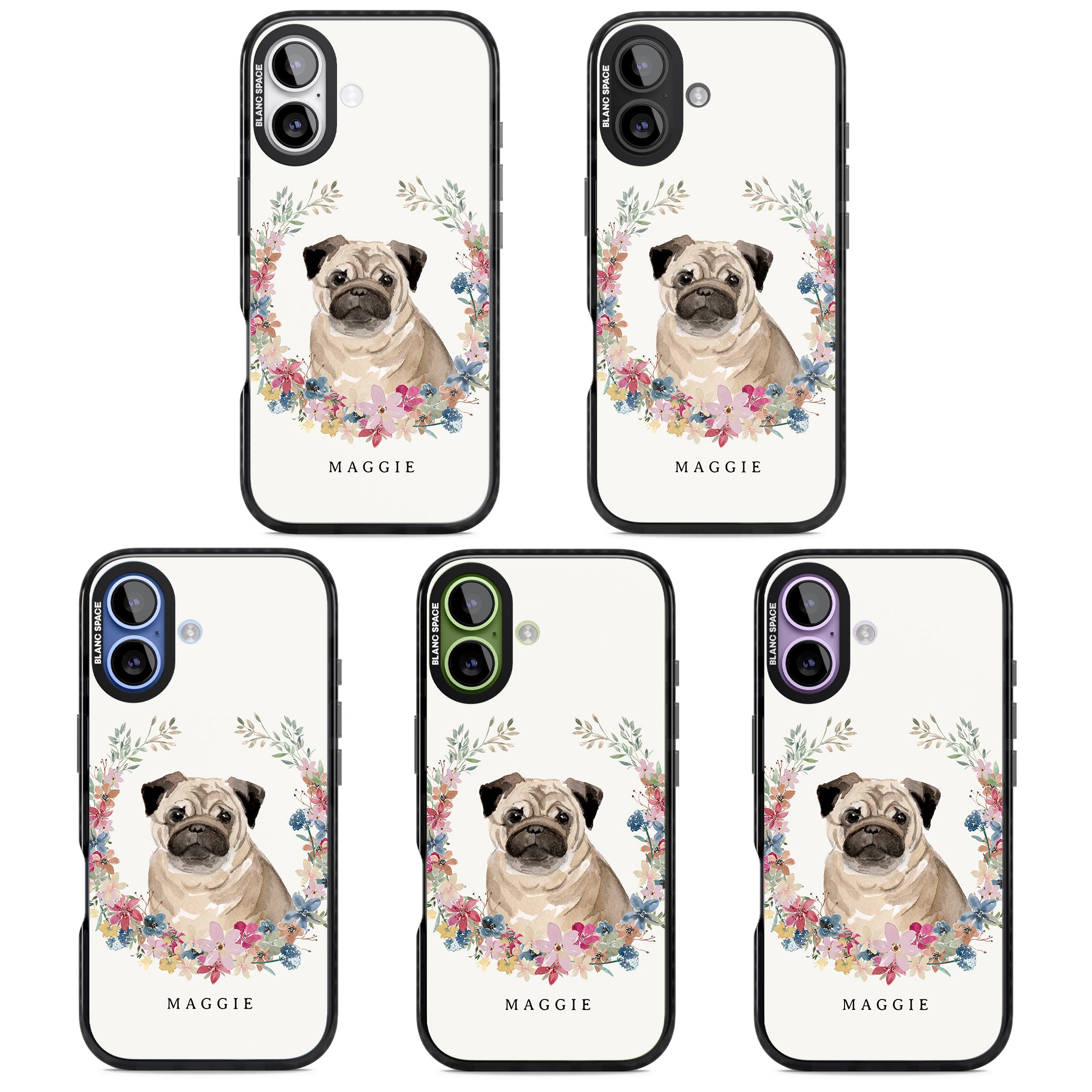 Personalised Pug Floral Portrait iPhone 17 Impact Pro Black Phone Case APT Impact Protection