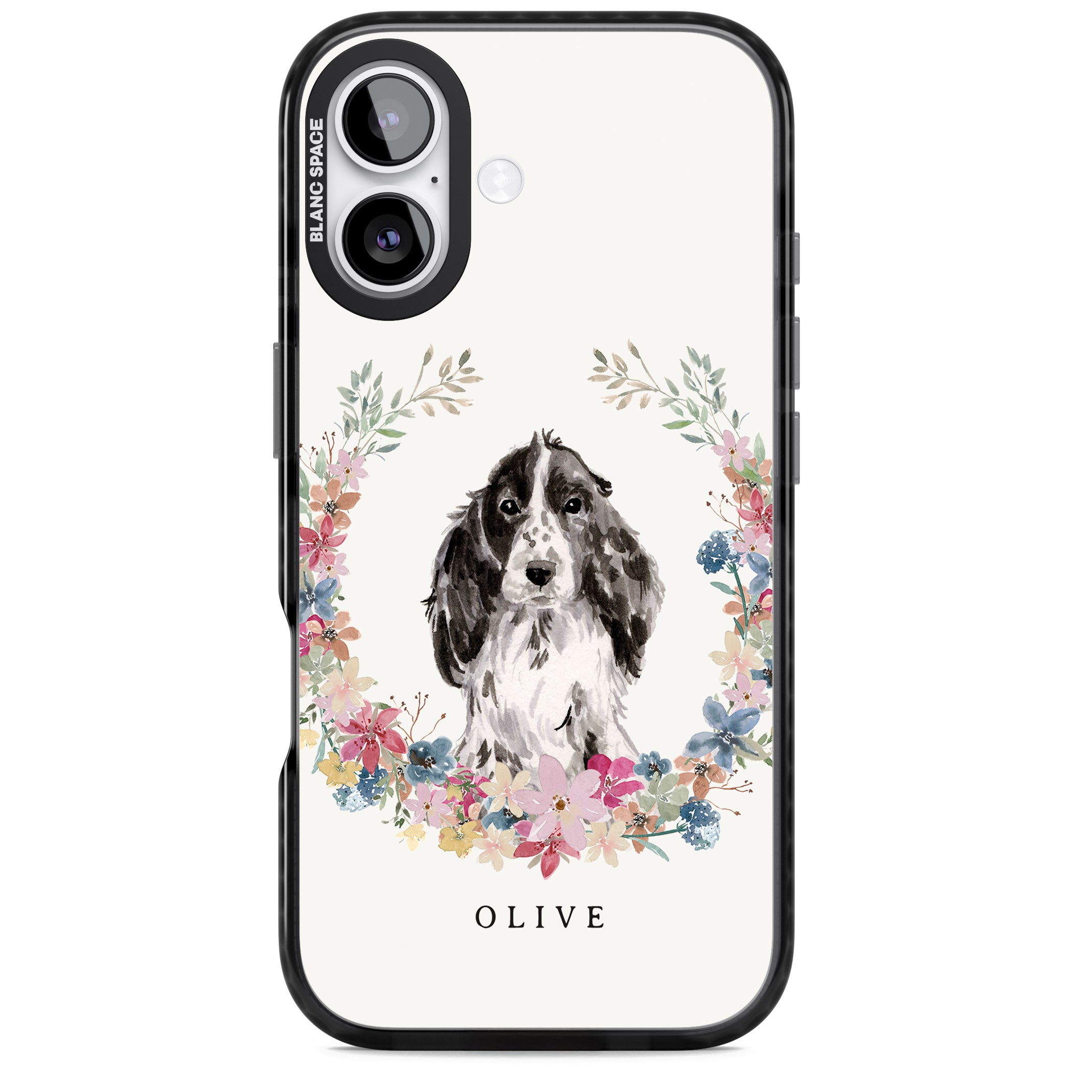 Personalised Black Cocker Spaniel Floral Portrait iPhone 17 Impact Pro Black Phone Case