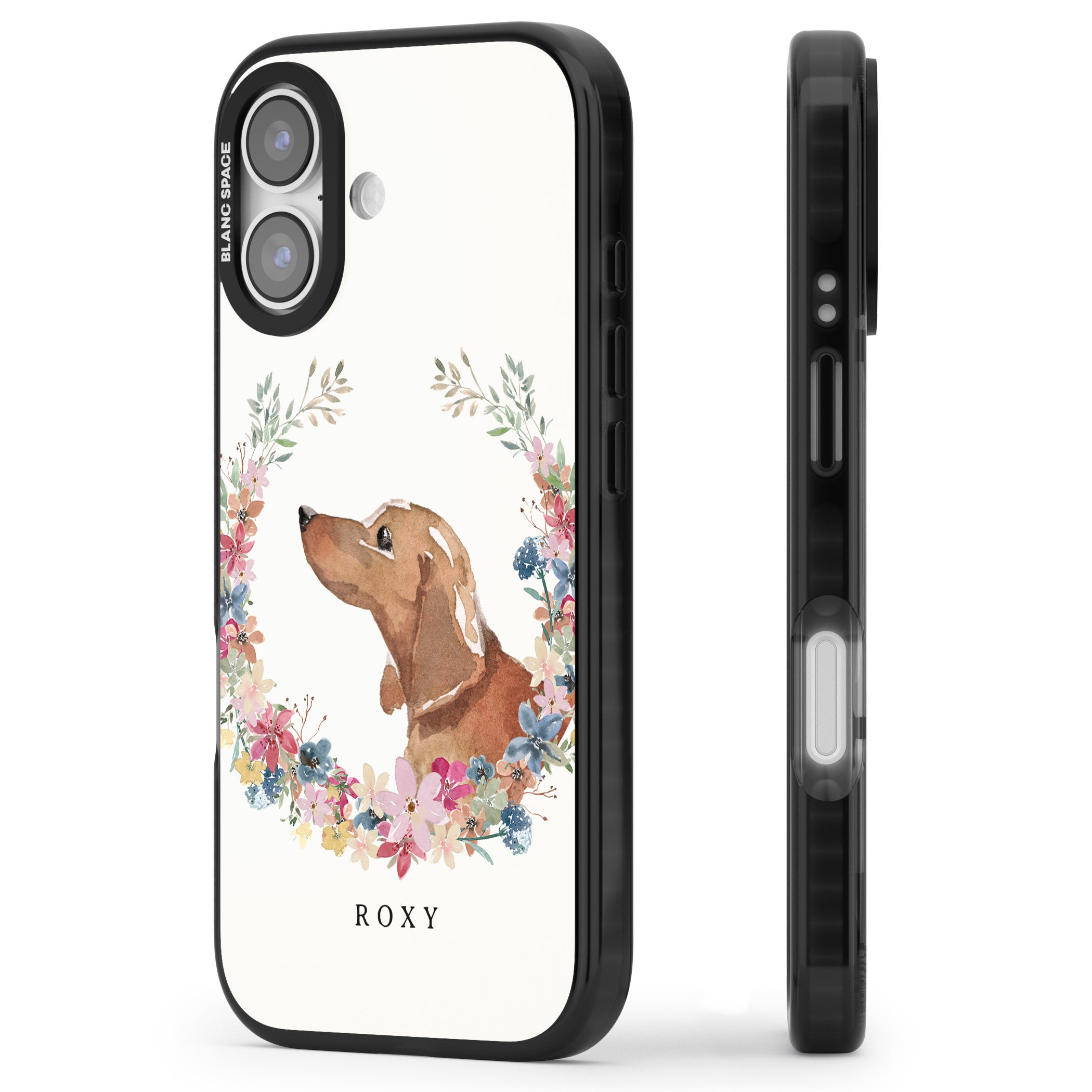 Personalised Tan Dachshund Floral Portrait iPhone 17 Impact Pro Black Phone Case Side Profile