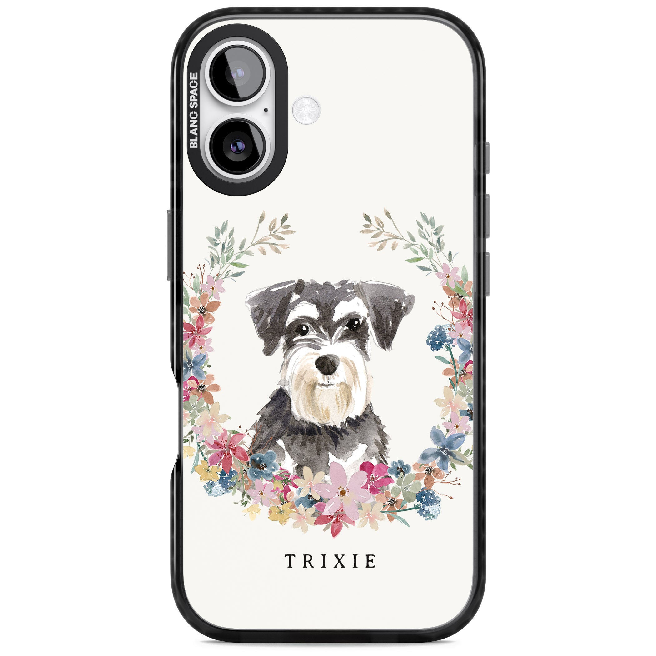 Personalised Watercolor Schnauzer Floral Portrait iPhone 17 Impact Pro Black Phone Case
