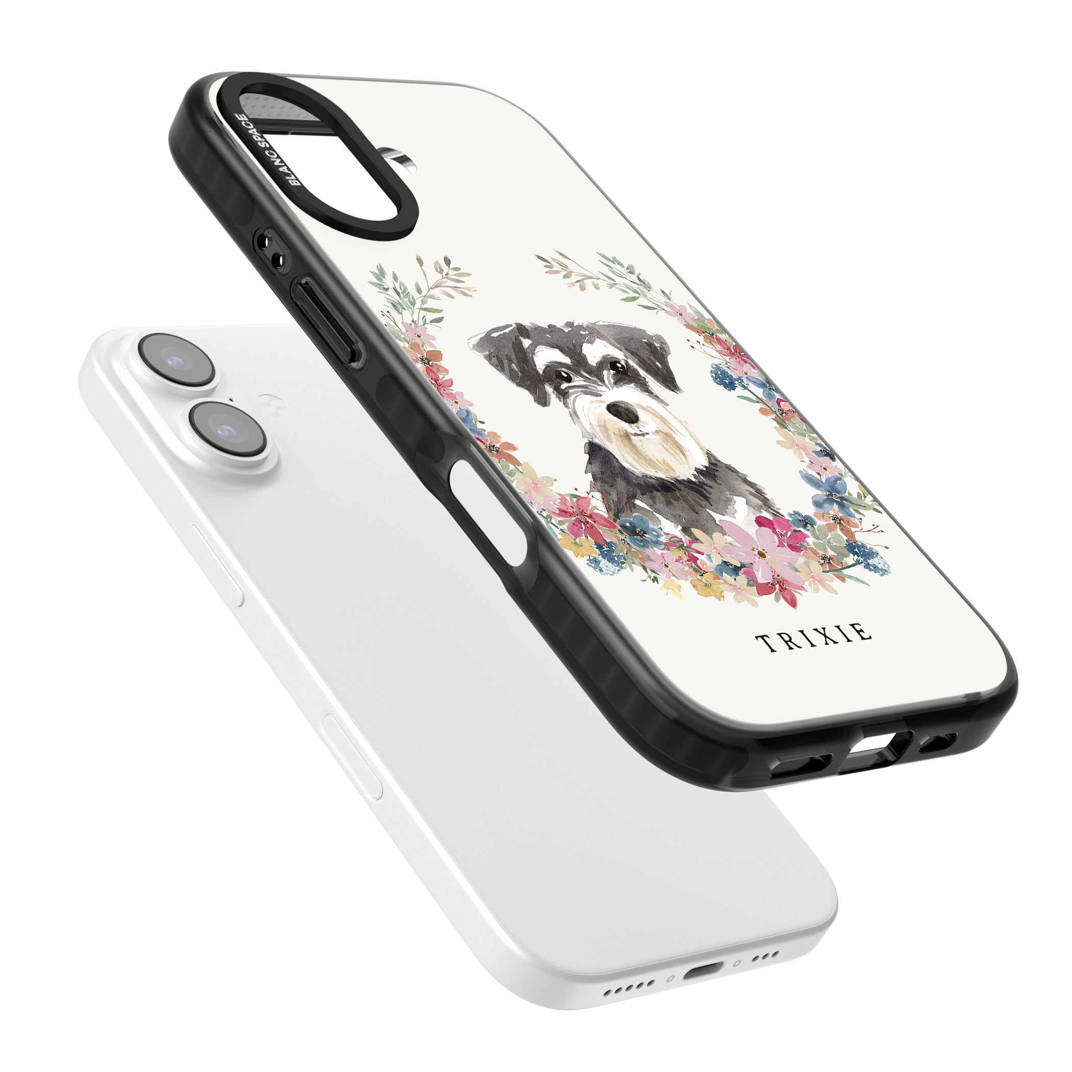 Personalised Watercolor Schnauzer Floral Portrait iPhone 17 Impact Pro Black Phone Case Colours