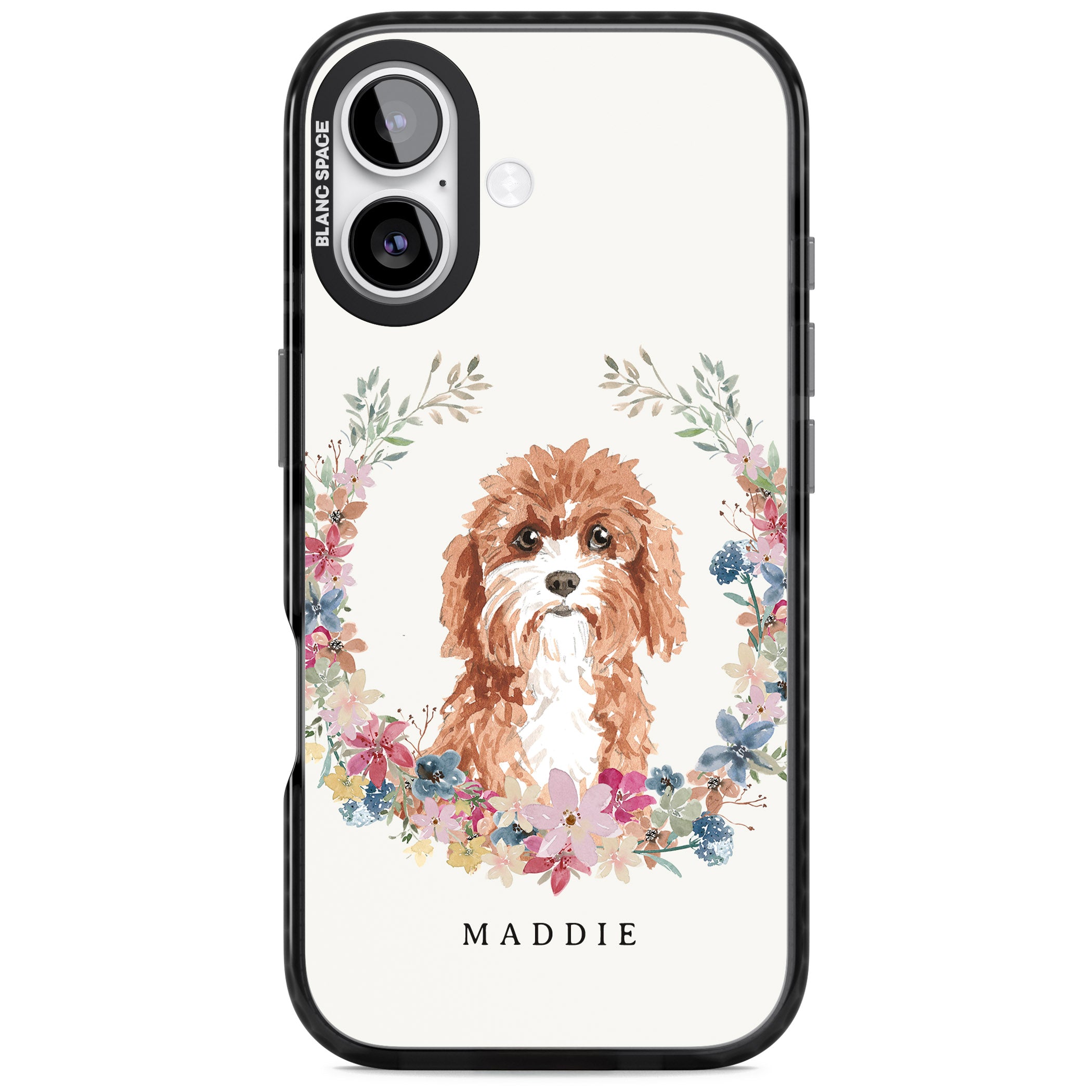 Personalised Cavapoo Floral Portrait iPhone 17 Impact Pro Black Phone Case