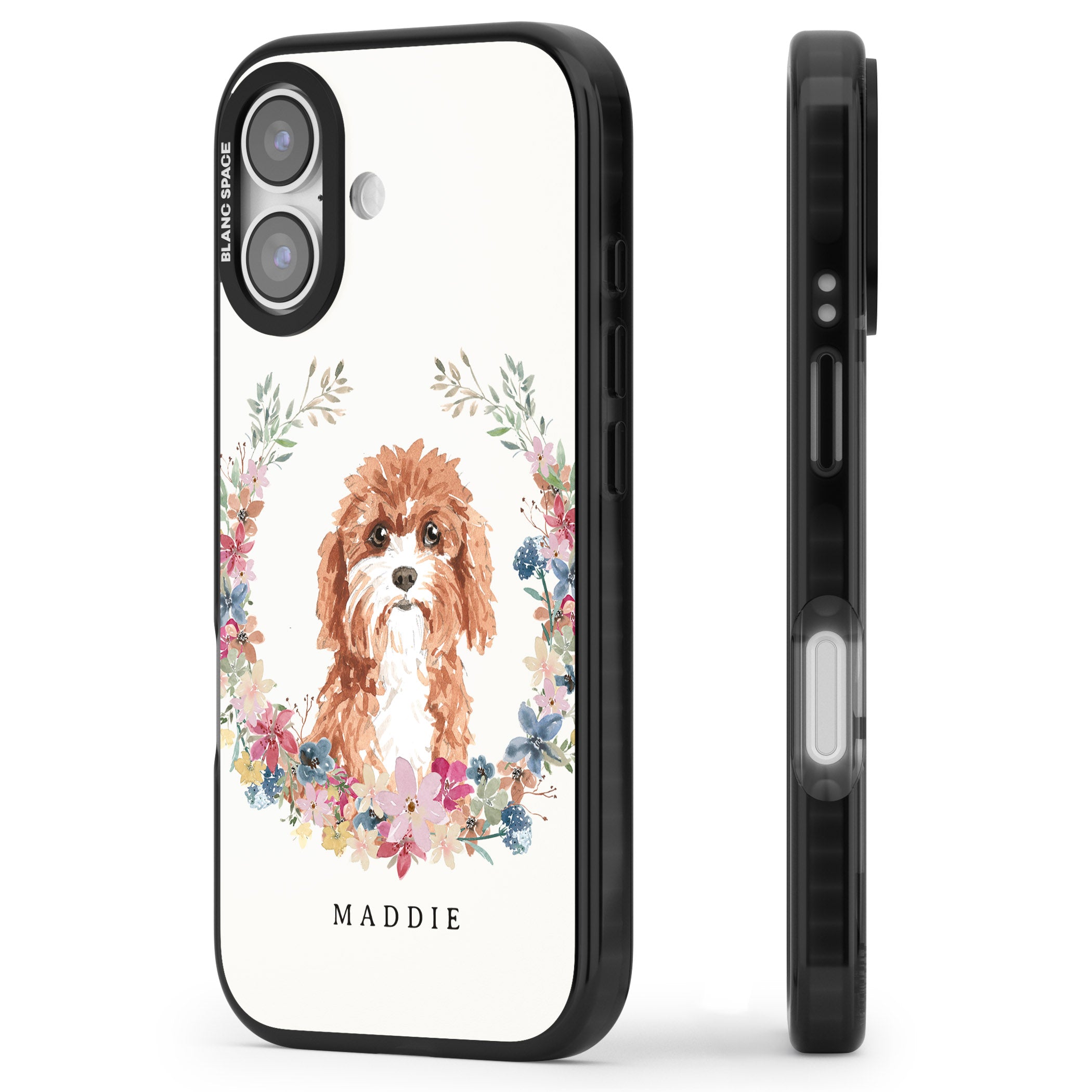 Personalised Cavapoo Floral Portrait iPhone 17 Impact Pro Black Phone Case Side Profile