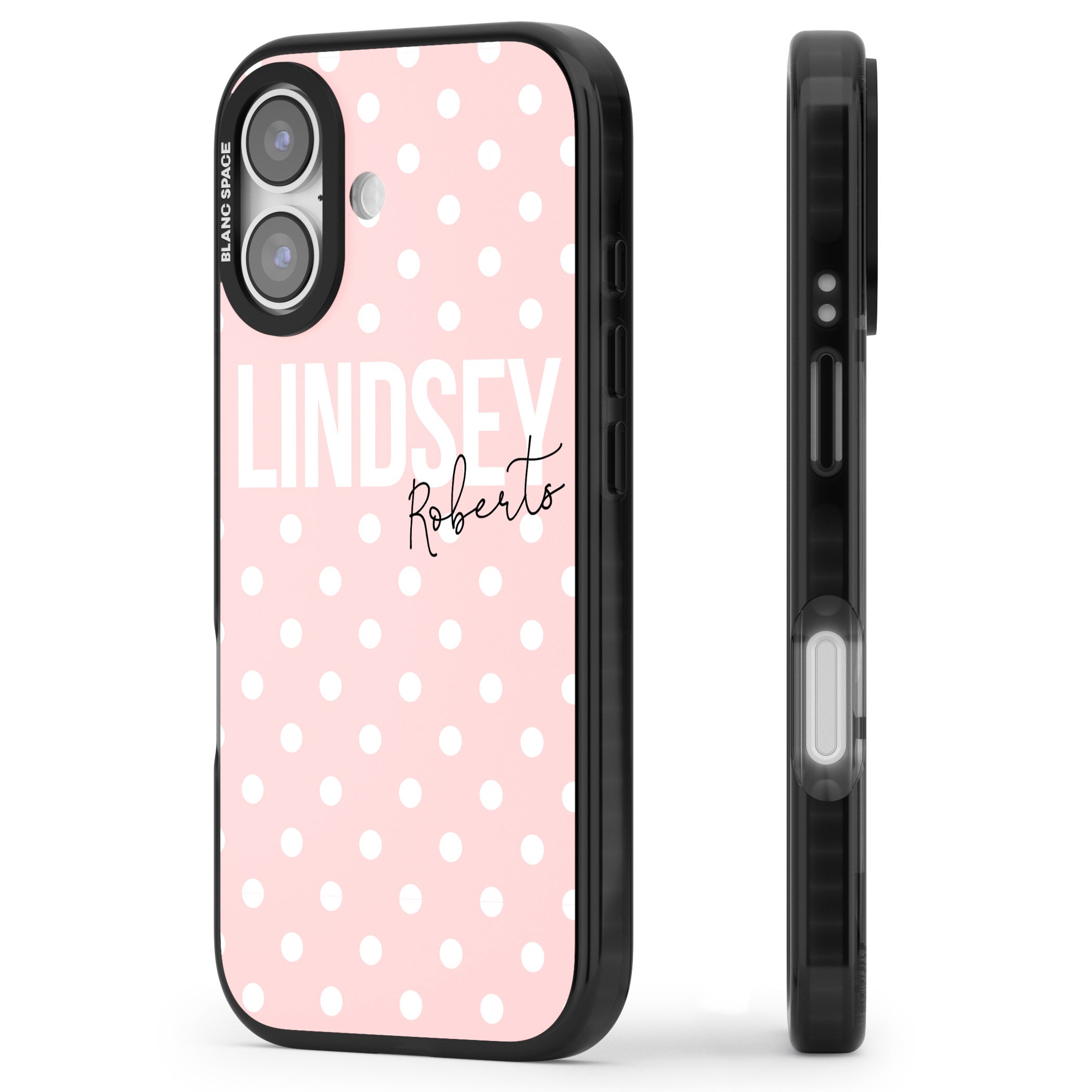 Personalised Pink Polka iPhone 17 Impact Pro Black Phone Case Side Profile
