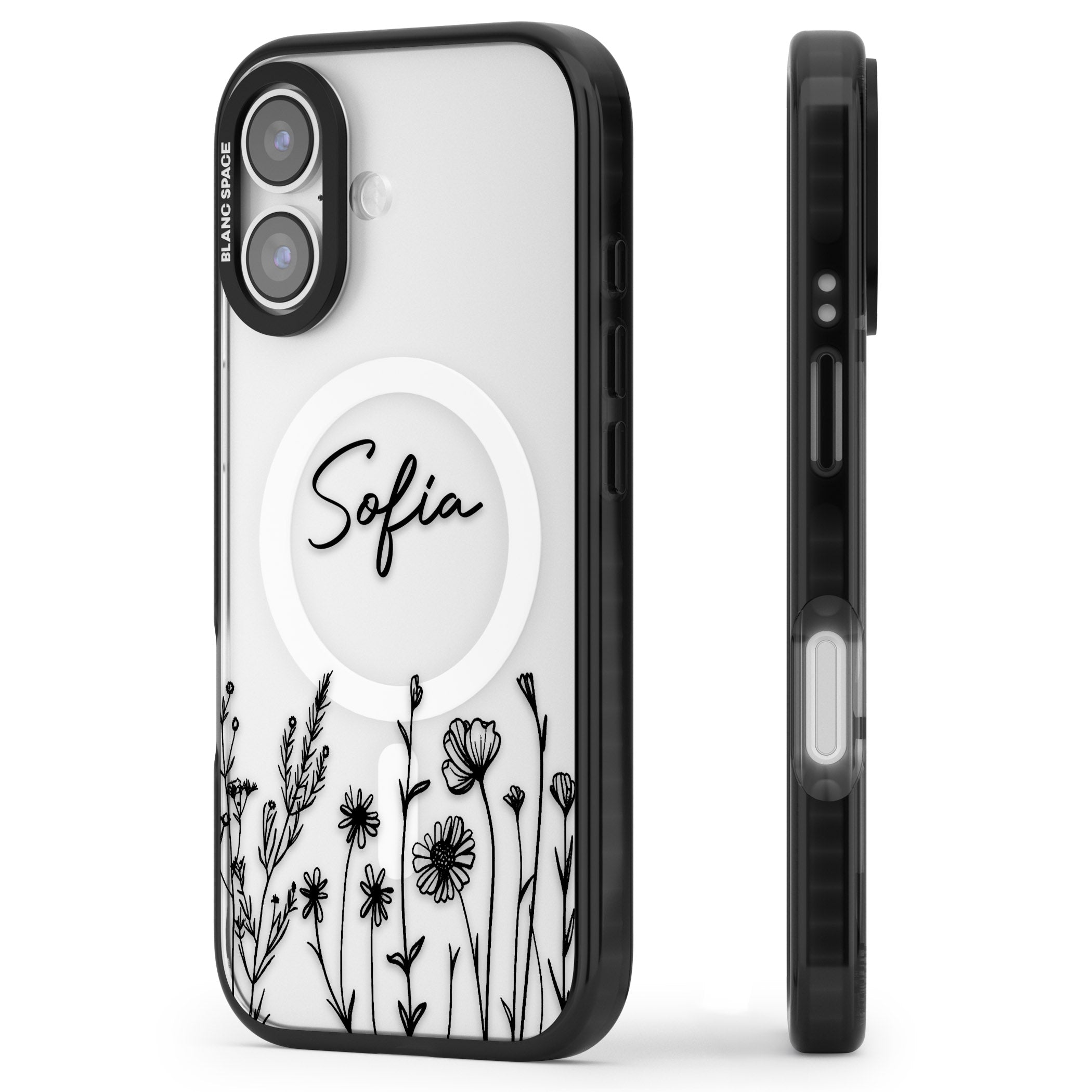 Personalised Black Wildflowers iPhone 17 Impact Pro Black Phone Case Side Profile