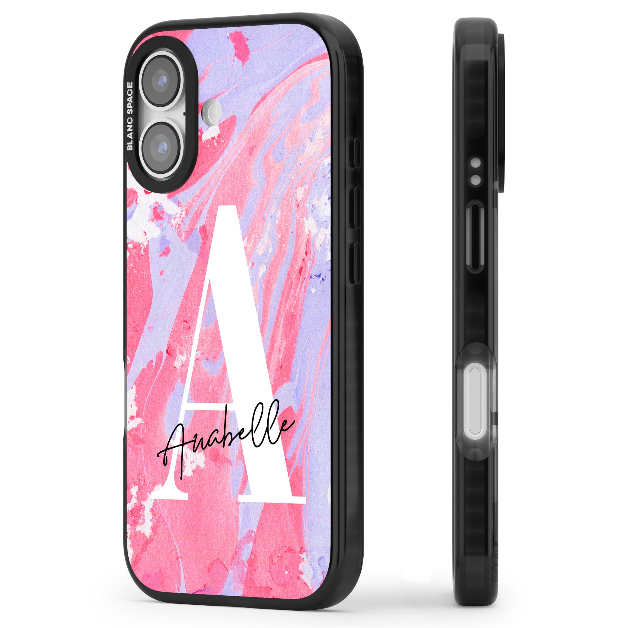 Personalised Pink & Purple Marble iPhone 17 Impact Pro Black Phone Case Side Profile