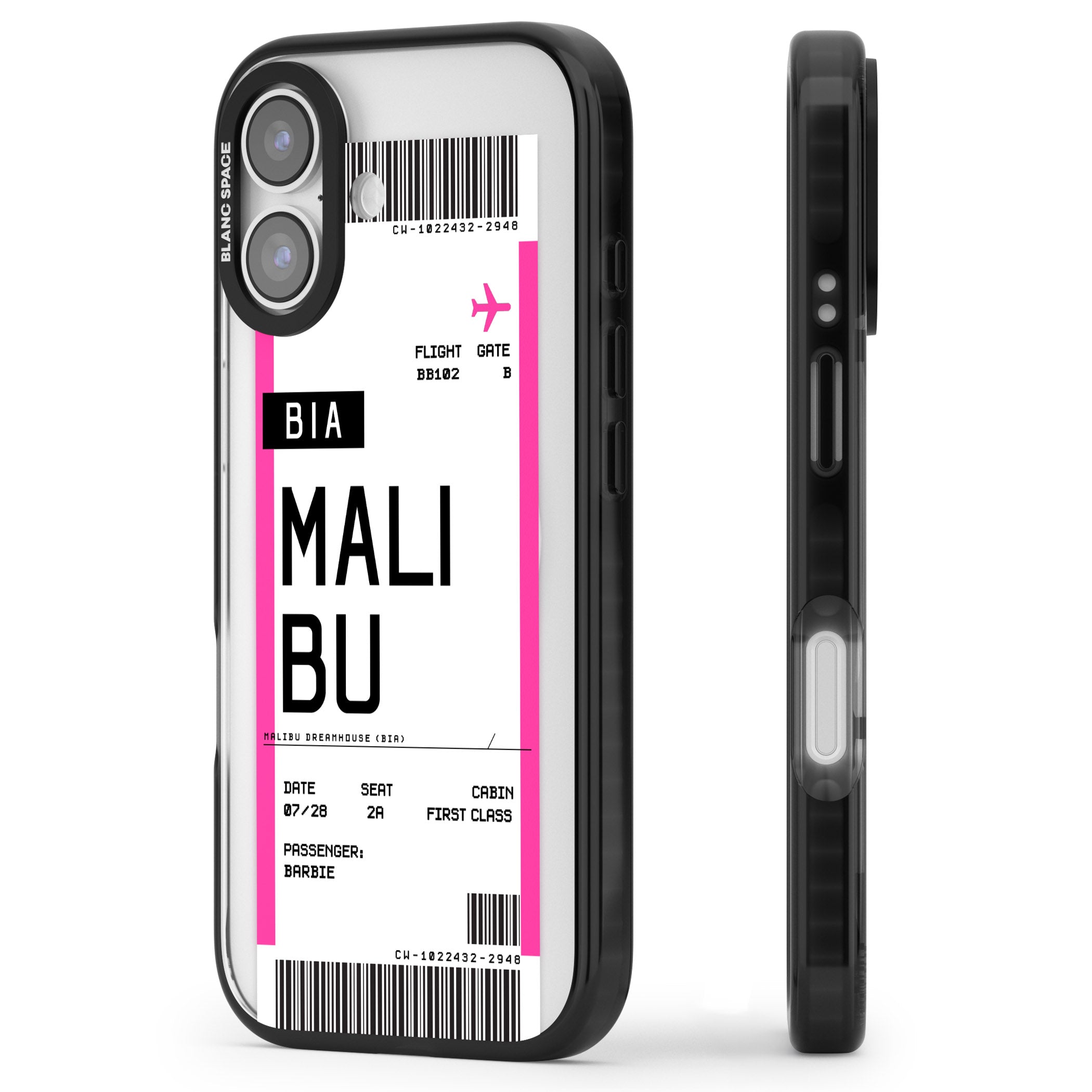 Personalised Pink Malibu Boarding Pass iPhone 17 Impact Pro Black Phone Case Side Profile