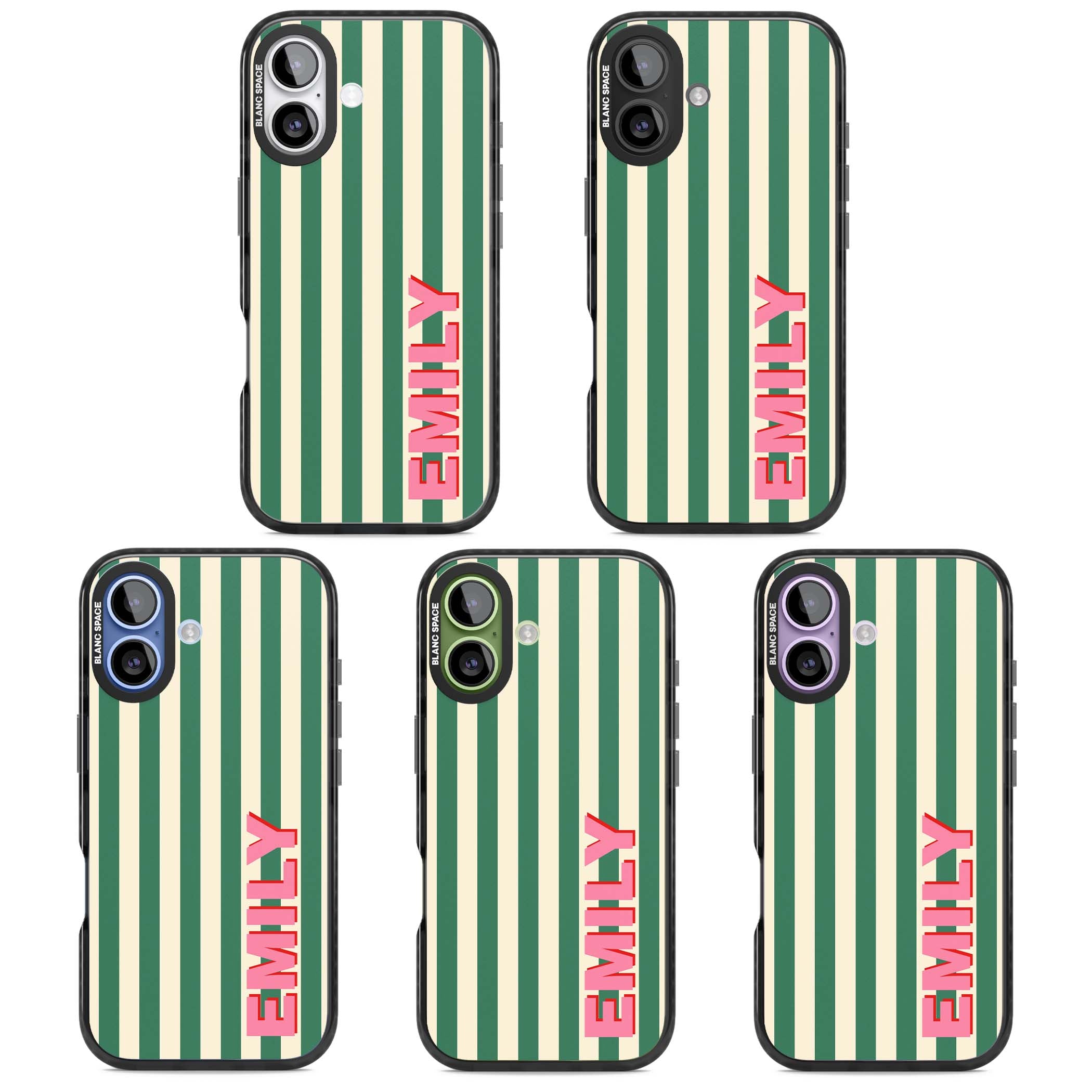Wimbledon Stripe preppy iPhone case featuring green and cream vertical stripes with a personalised pink name | Black Impact Magsafe case for iPhone 17