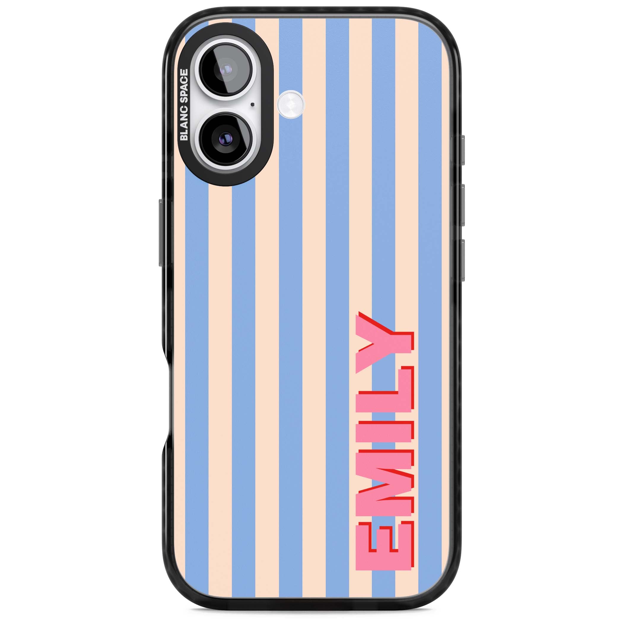 Coastal Stripe personalised coastal iPhone case with blue and peach vertical stripes and custom pink name | Black Impact Magsafe case for iPhone 17