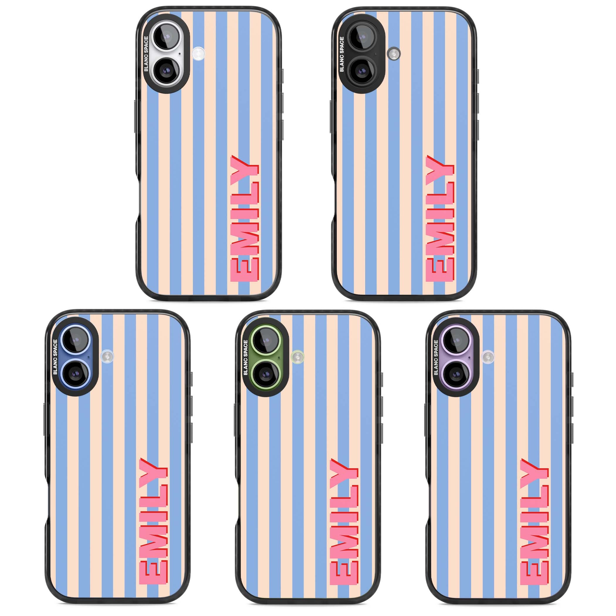 Coastal Stripe personalised coastal iPhone case with blue and peach vertical stripes and custom pink name | Black Impact Magsafe case for iPhone 17