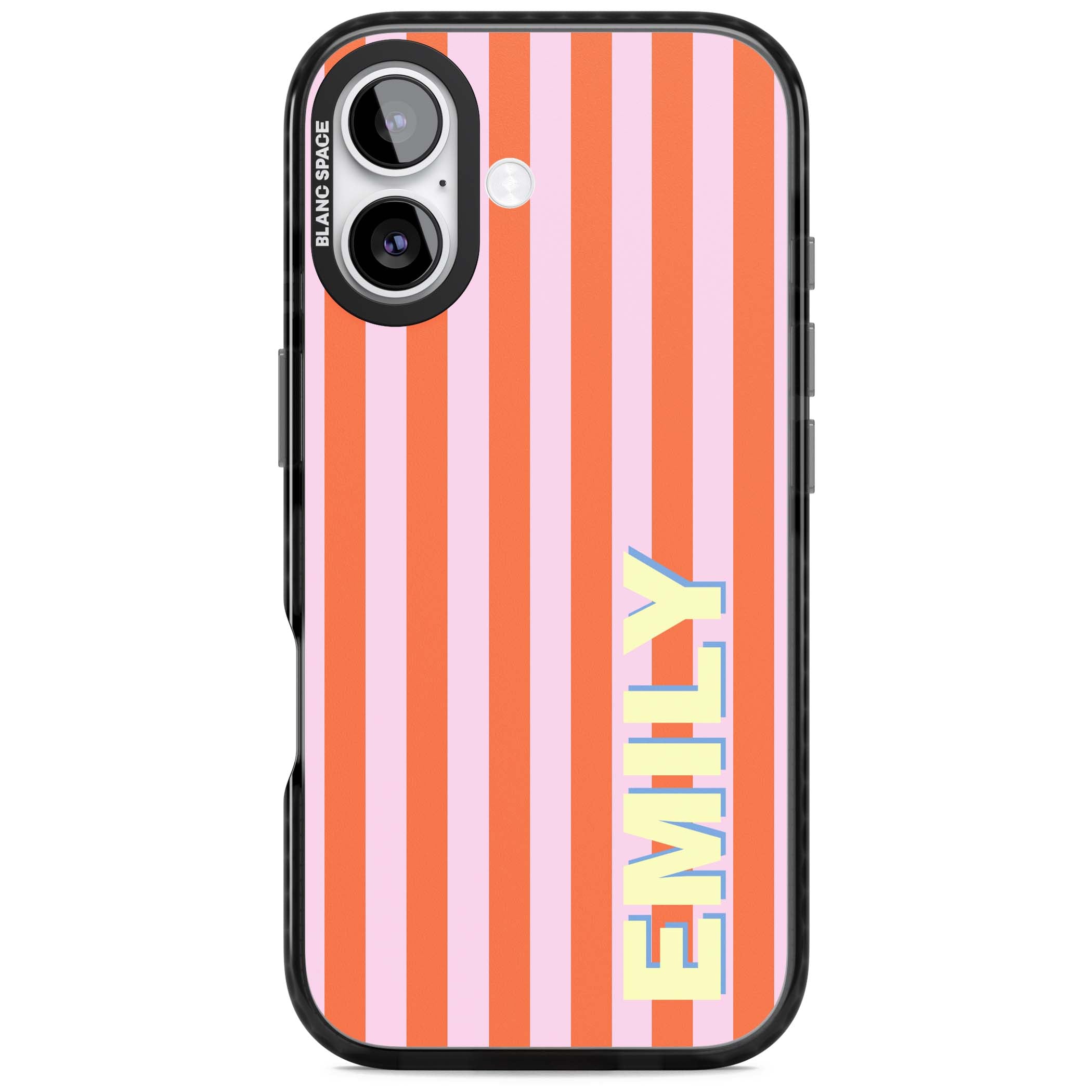 Havana Stripe personalised iPhone case featuring pink and orange vertical stripes with a custom yellow name | Black Impact Magsafe case for iPhone 17
