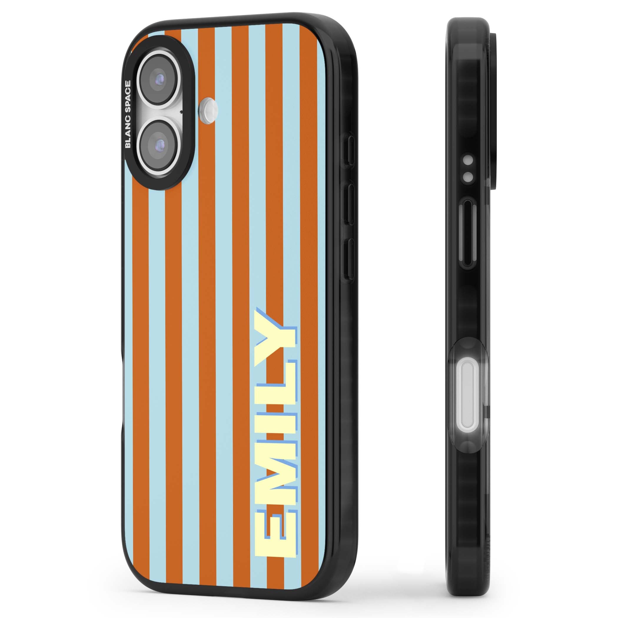 Cappadocia Stripe personalised coastal iPhone case featuring blue and orange vertical stripes with custom cream name | Black Impact Magsafe case for iPhone 17