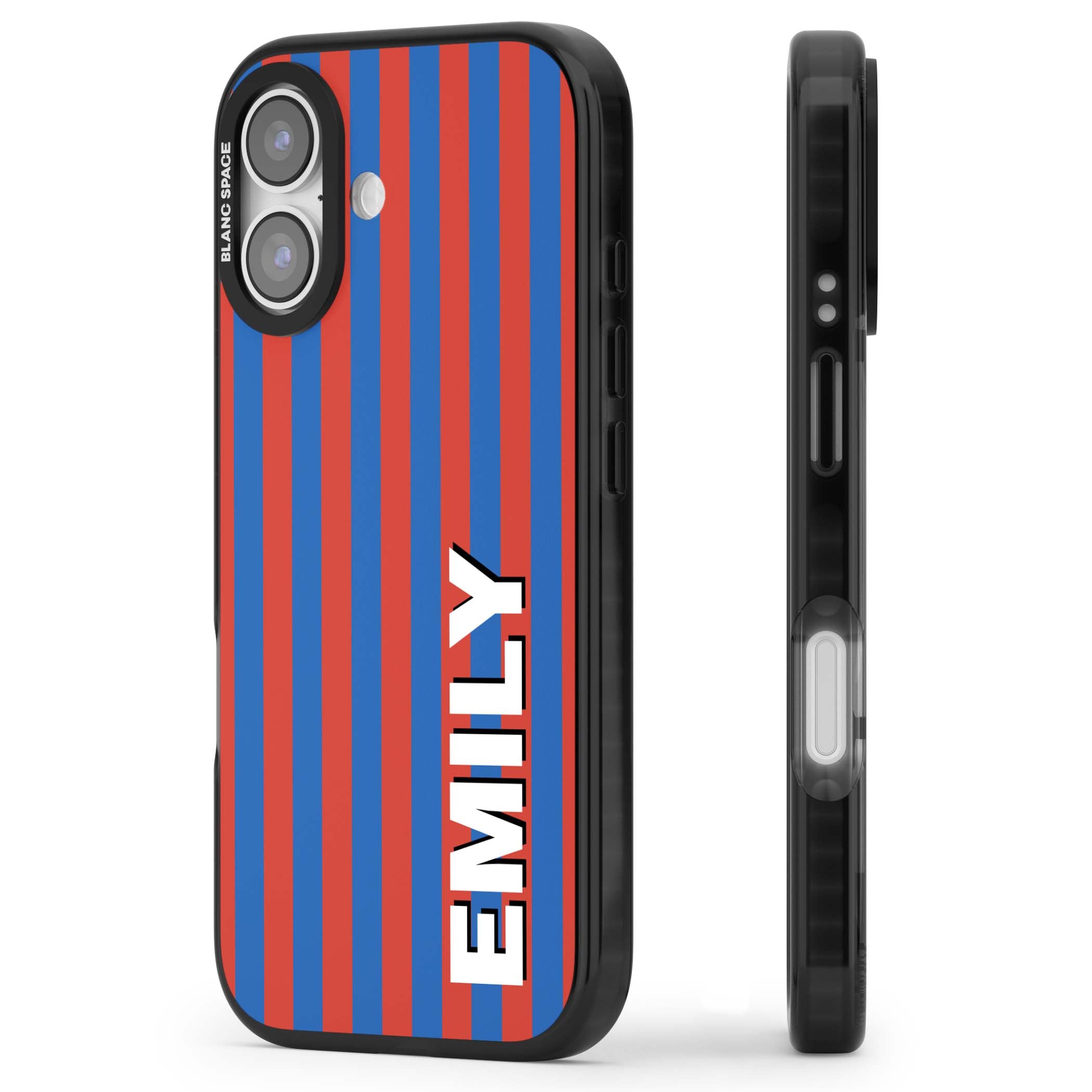 Cuban Stripe personalised iPhone case featuring red and blue vertical stripes with custom name in bold white letters | Black Impact Magsafe case for iPhone 17
