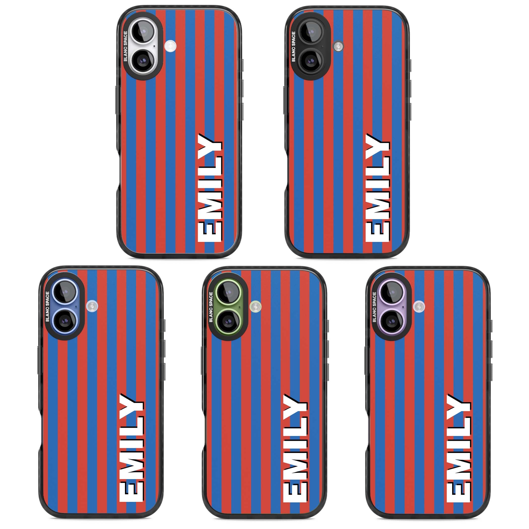 Cuban Stripe personalised iPhone case featuring red and blue vertical stripes with custom name in bold white letters | Black Impact Magsafe case for iPhone 17