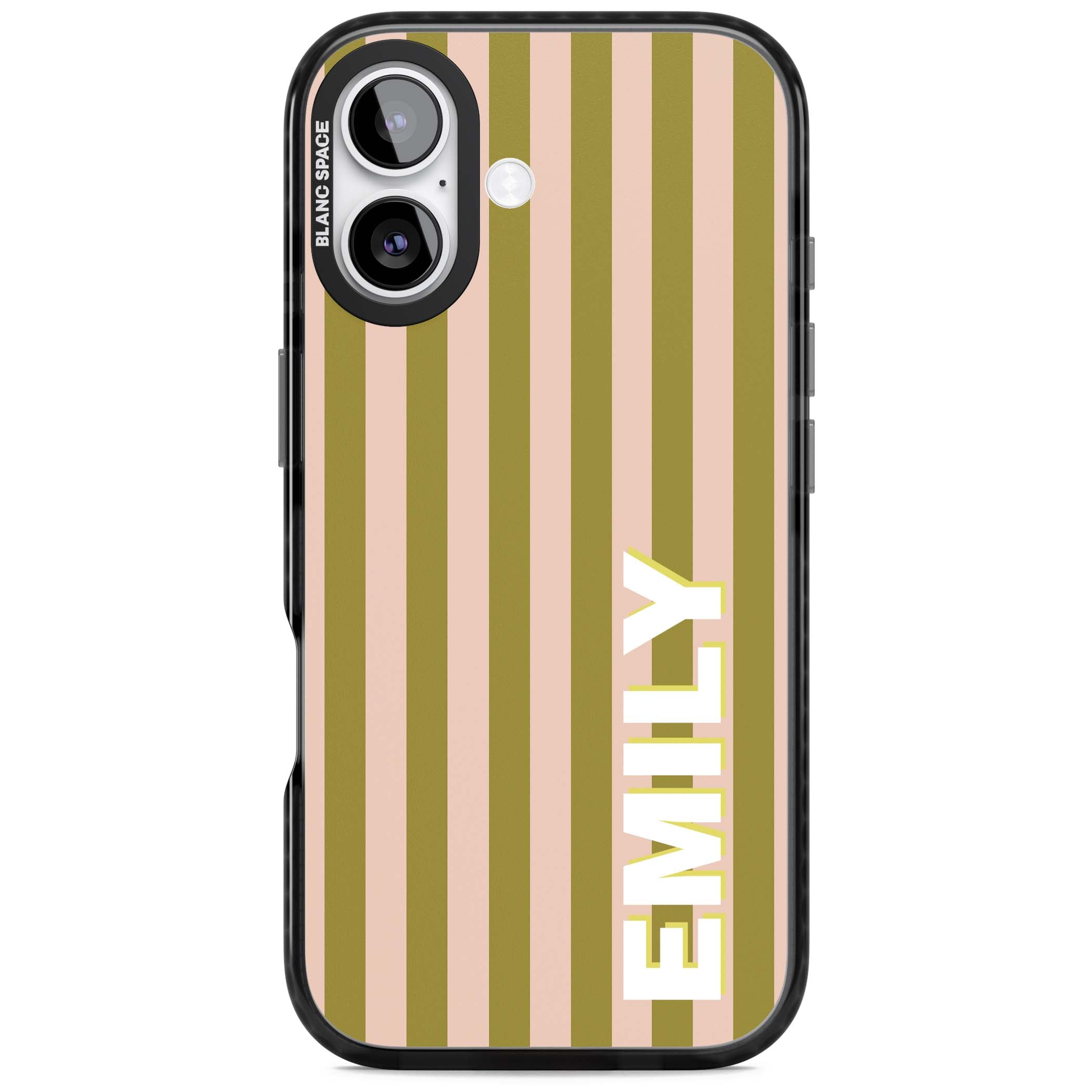 Indian Stripe personalised iPhone case featuring olive green and blush pink vertical stripes with custom name in whit | Black Impact Magsafe case for iPhone 17