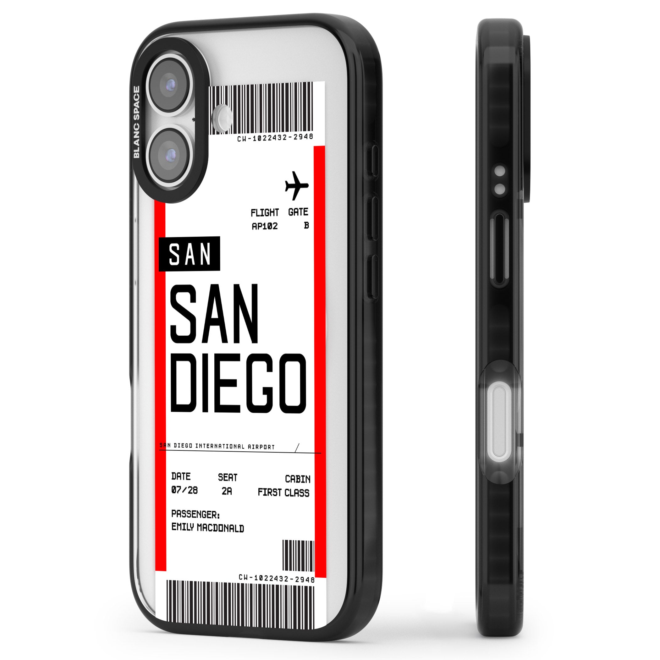 Personalised San Diego Boarding Pass iPhone 17 Impact Pro Black Phone Case Side Profile