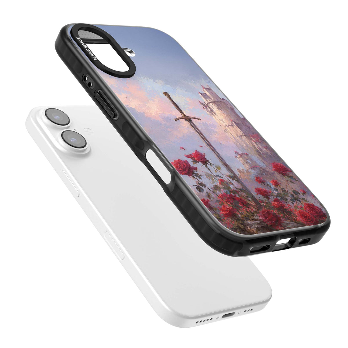 Sword in Roses medieval art iPhone case featuring a sword, red roses, and a misty fairytale castle at sunset | Black Impact Magsafe case for iPhone 17