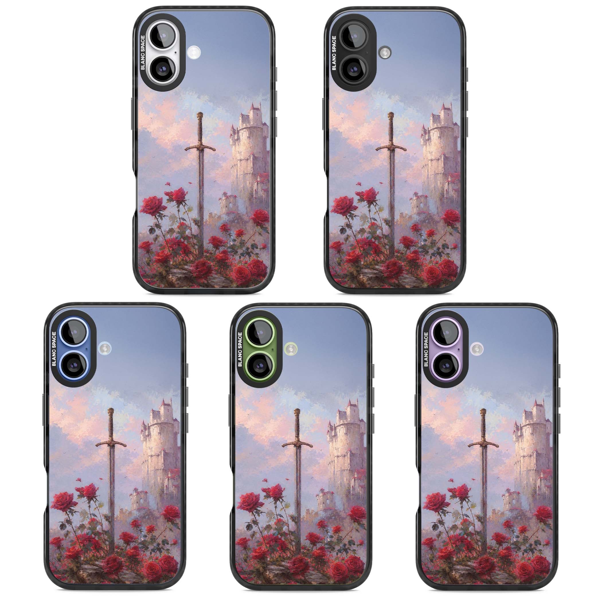 Sword in Roses medieval art iPhone case featuring a sword, red roses, and a misty fairytale castle at sunset | Black Impact Magsafe case for iPhone 17