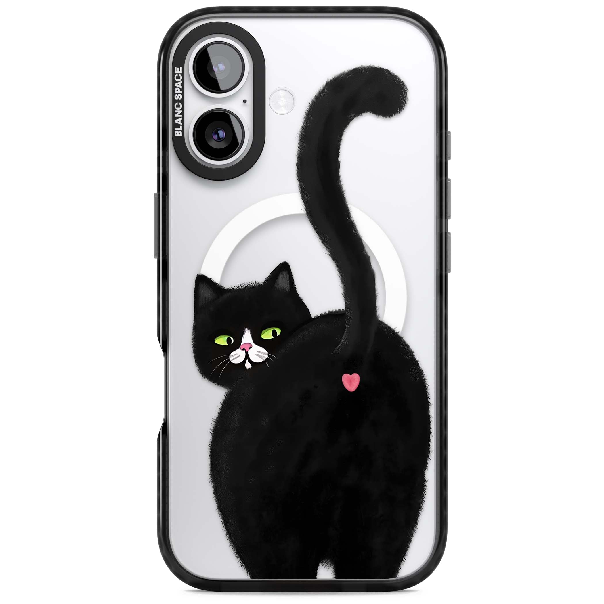 The Cat's Kiss cute cat iPhone case featuring a hand-painted tuxedo kitty with green eyes and a pink heart on a clear | Black Impact Magsafe case for iPhone 17