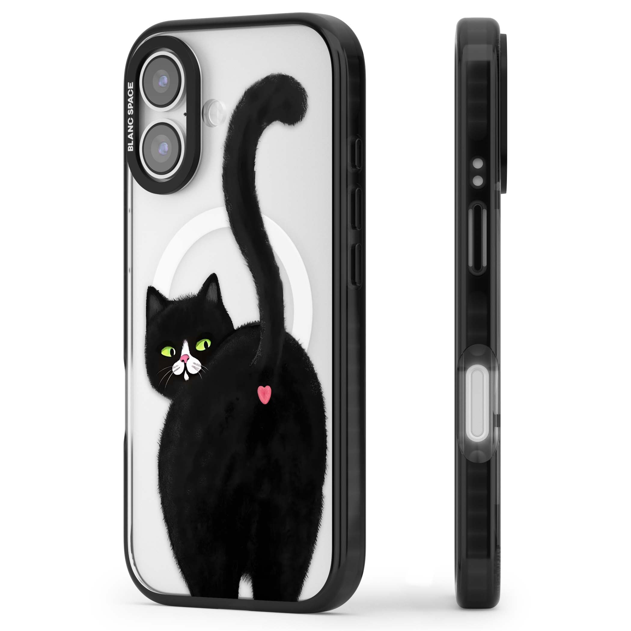 The Cat's Kiss cute cat iPhone case featuring a hand-painted tuxedo kitty with green eyes and a pink heart on a clear | Black Impact Magsafe case for iPhone 17