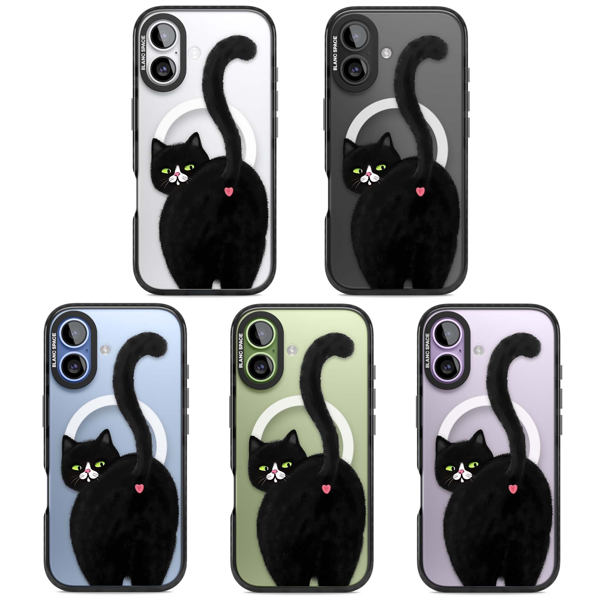 The Cat's Kiss cute cat iPhone case featuring a hand-painted tuxedo kitty with green eyes and a pink heart on a clear | Black Impact Magsafe case for iPhone 17