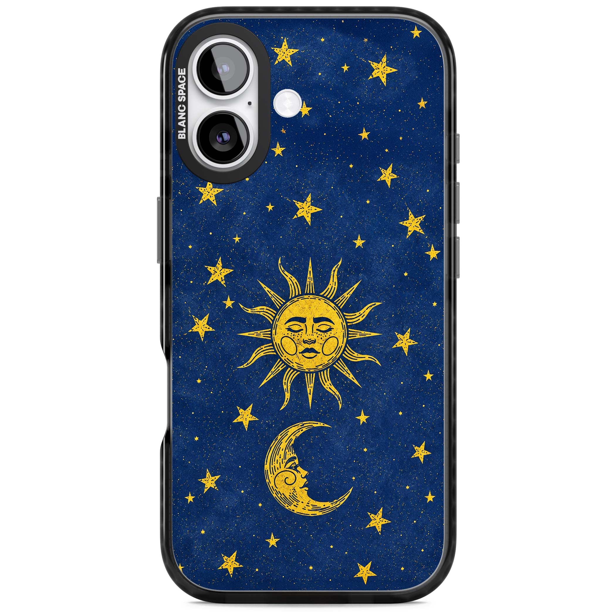 Sun & Moon Reverie celestial iPhone case featuring a vintage golden sun, crescent moon and scattered stars on midnight blue | Black Impact Magsafe case for iPhone 17