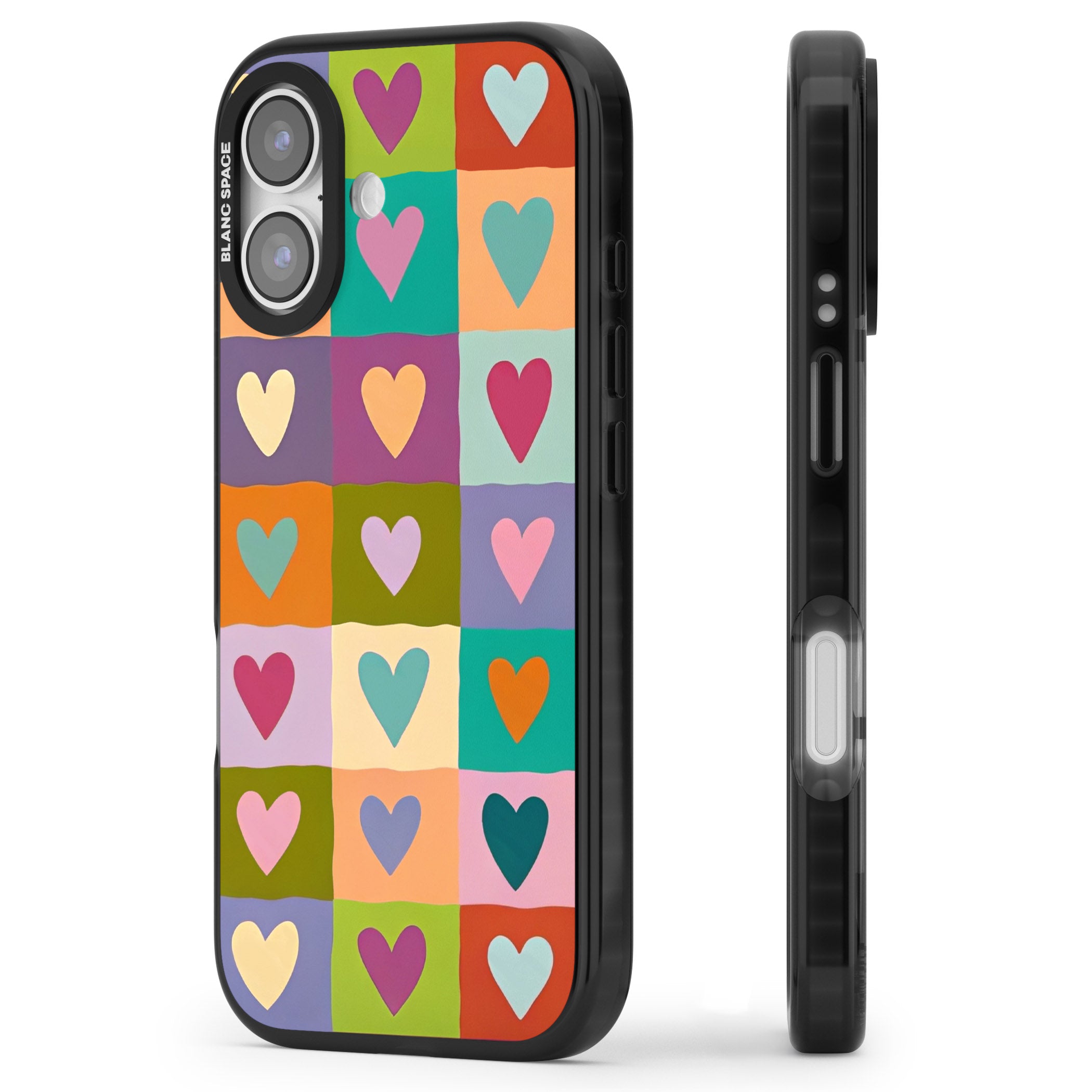Multicolour Checked Hearts iPhone 17 Impact Pro Black Phone Case Side Profile