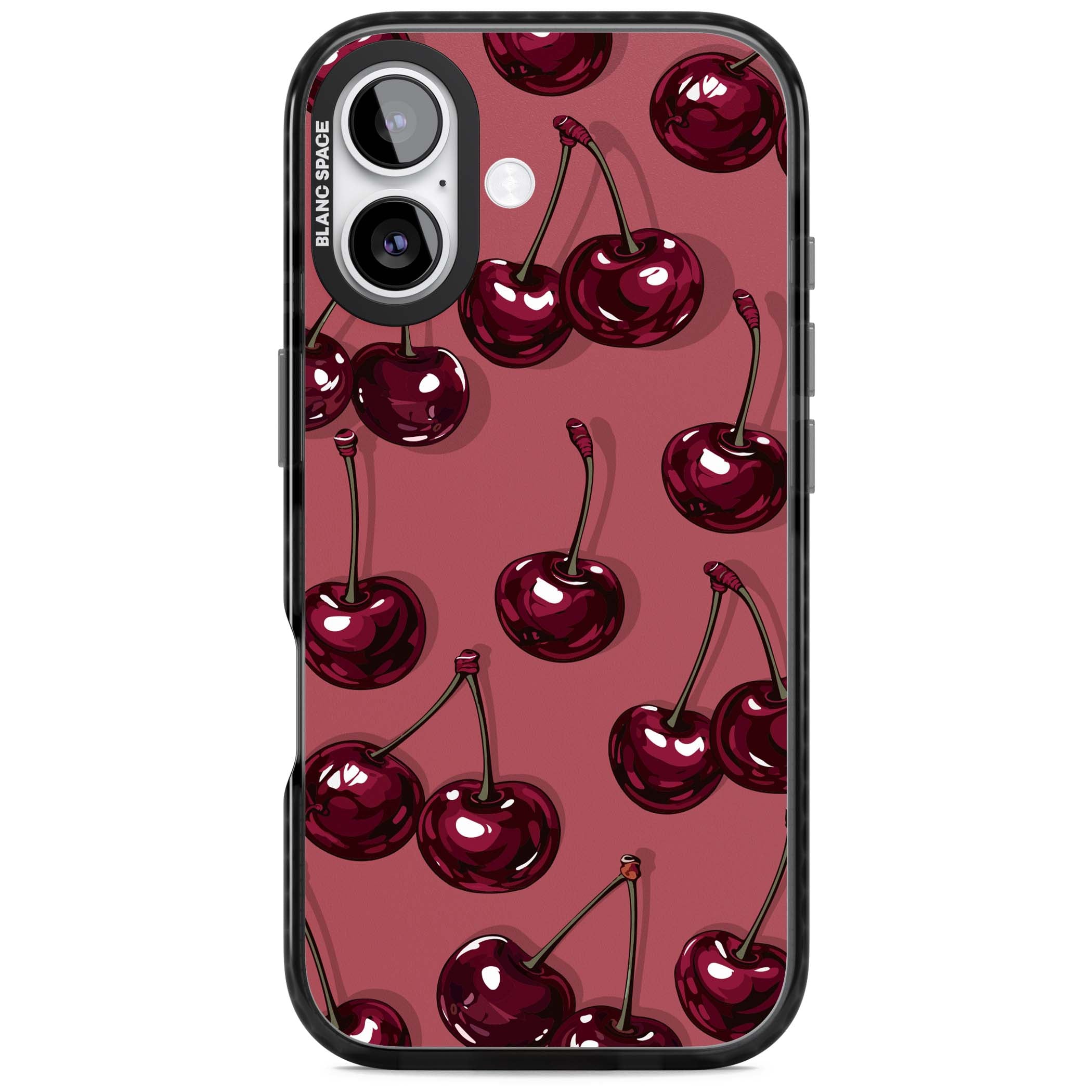 Cherry Rebel coquette iPhone case featuring glossy burgundy cherries on a dusty rose background | Black Impact Magsafe case for iPhone 17