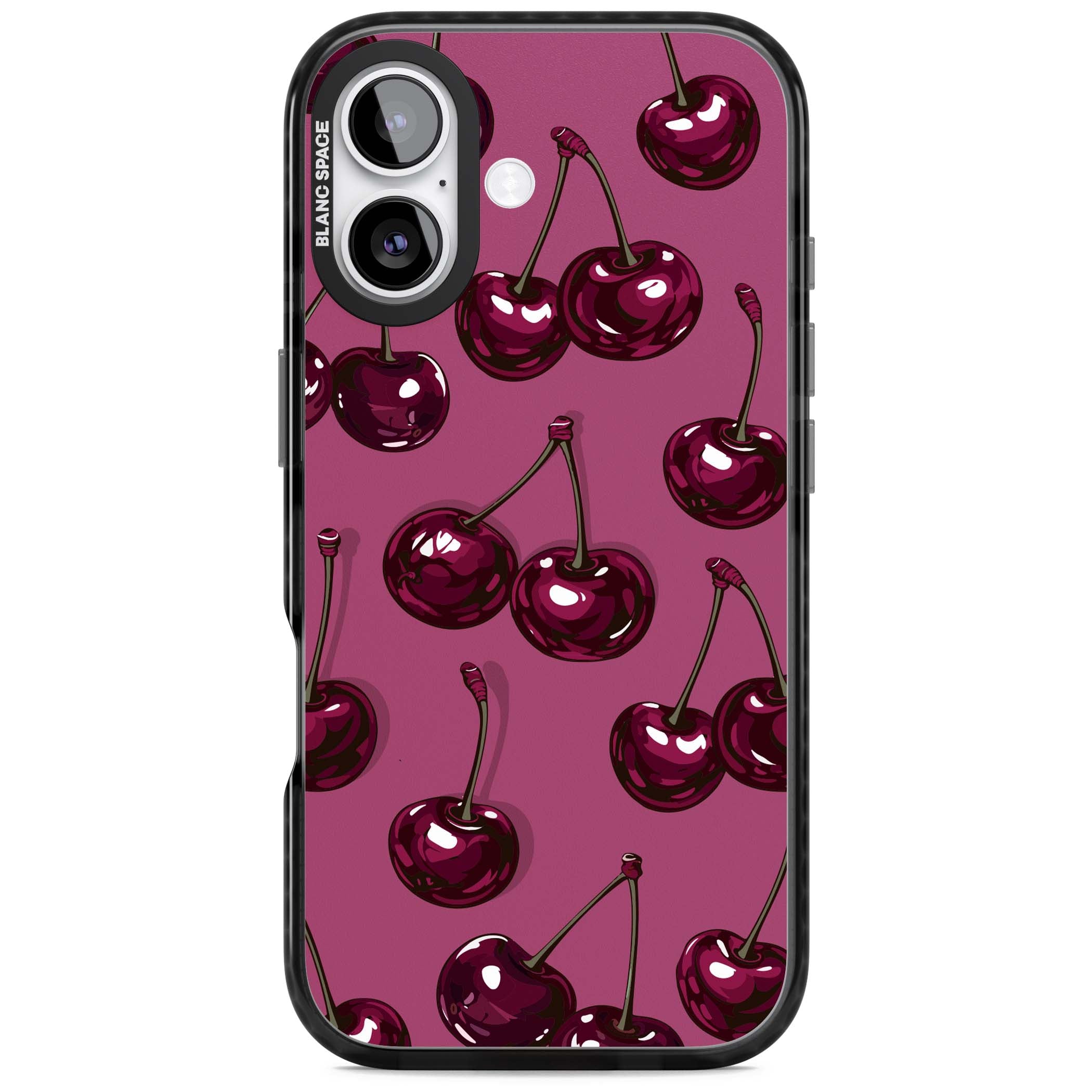 Cherry Soda coquette iPhone case featuring glossy burgundy cherries on a dusty pink background | Black Impact Magsafe case for iPhone 17