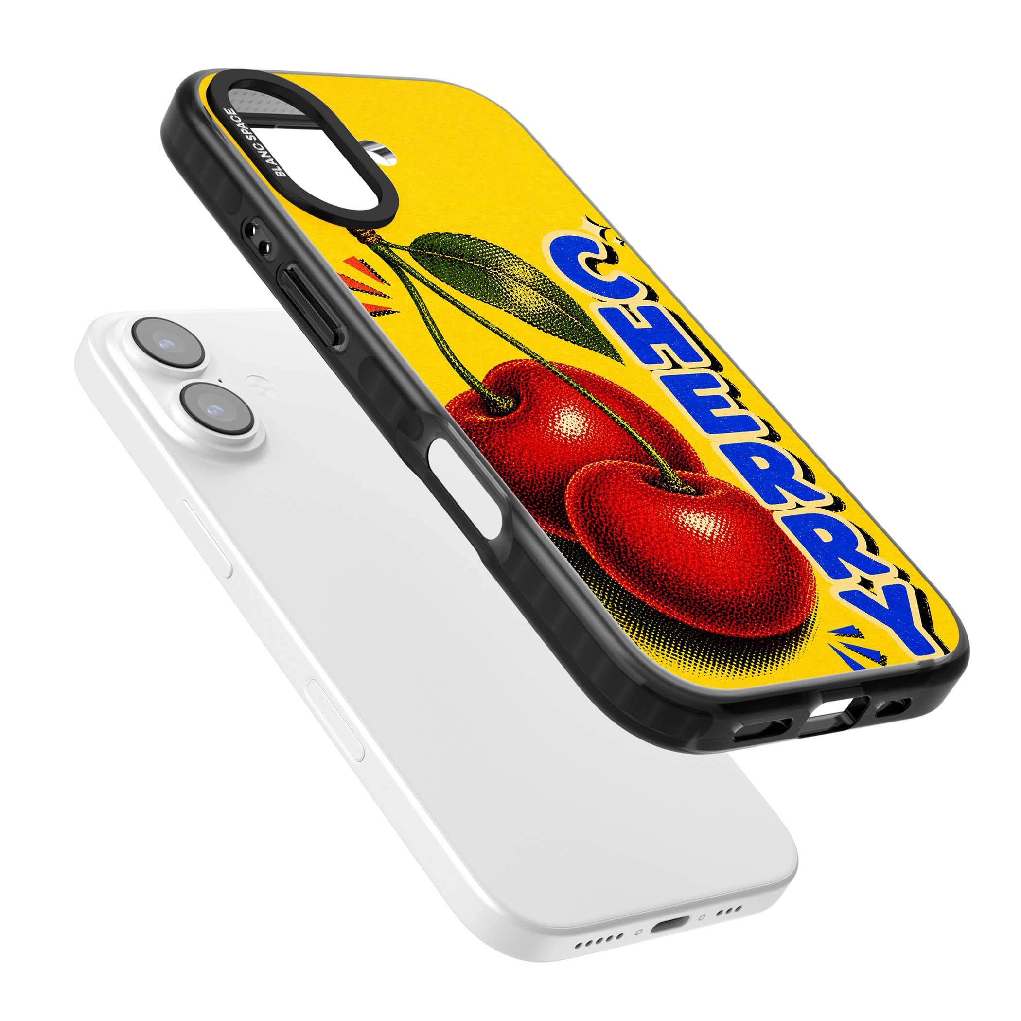 Cherry Yellow y2k iPhone case featuring two red cherries, halftone shading and bold blue CHERRY lettering on yellow | Black Impact Magsafe case for iPhone 17