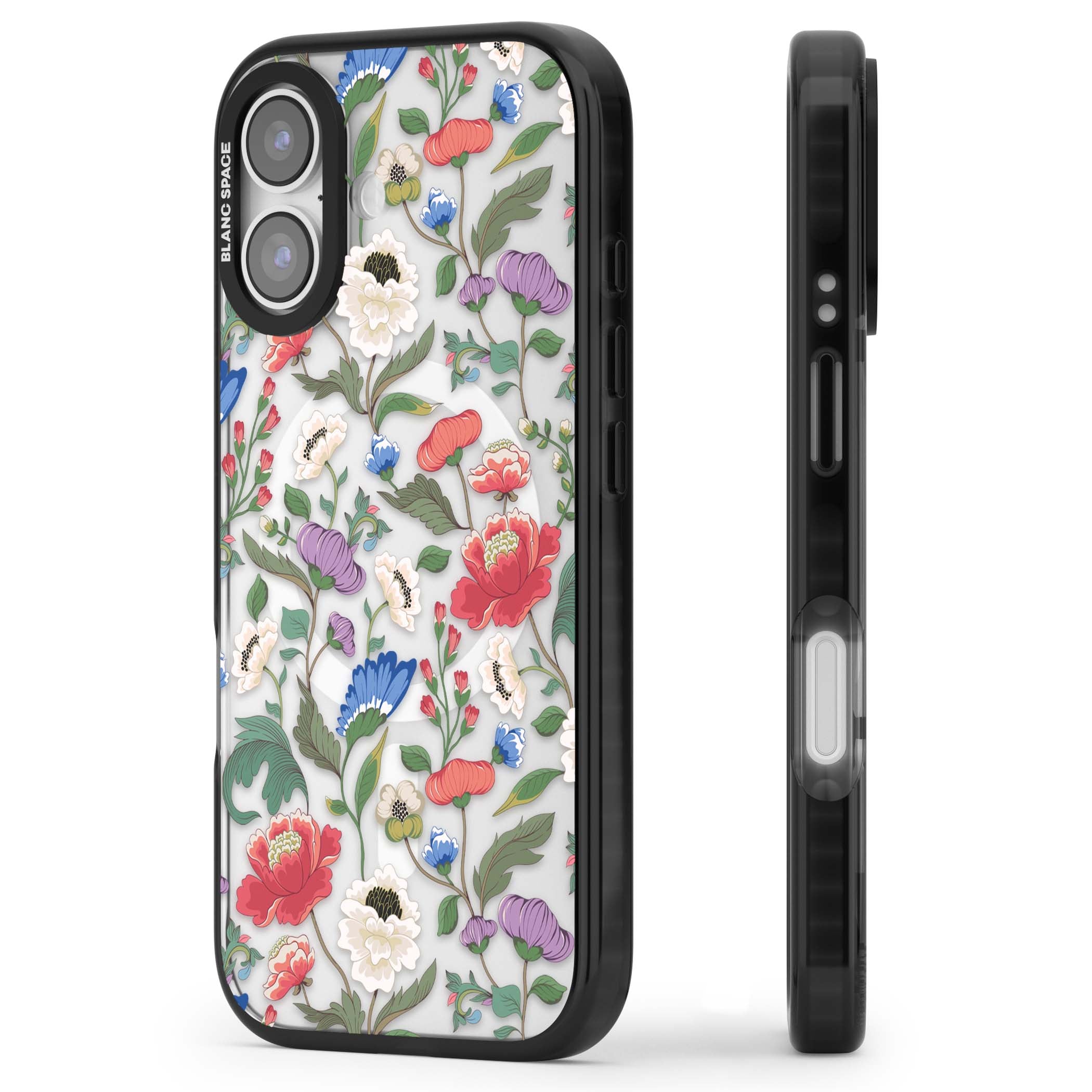 Chinoiserie Bloom vintage floral iPhone case featuring hand-painted peonies, poppies and trailing wildflowers on clear... | Black Impact Magsafe case for iPhone 17