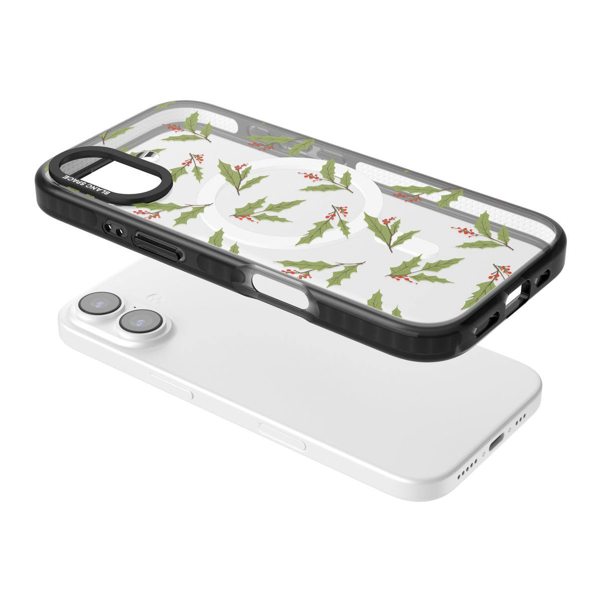 Christmas Holly Pattern iPhone 16 / iPhone 16 Plus / iPhone 17 Impact Pro Black Phone Case angled