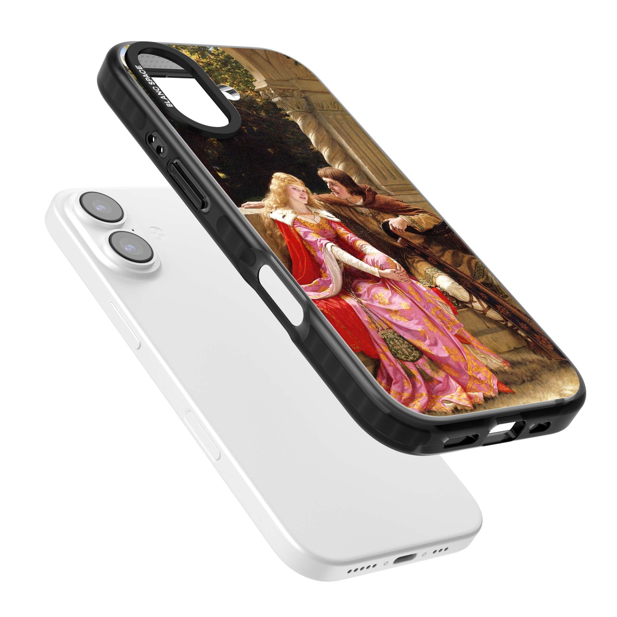 The End of the Song classic art iPhone case featuring a medieval lady in pink gown and her knight in a stone archway | Black Impact Magsafe case for iPhone 17