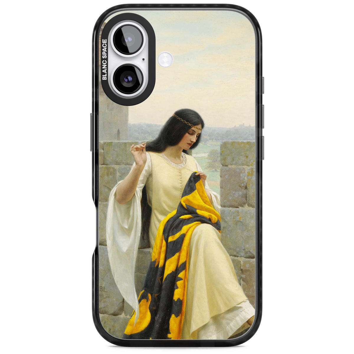 Stitching the Standard renaissance art iPhone case featuring a medieval lady sewing a golden banner on a castle wall | Black Impact Magsafe case for iPhone 17
