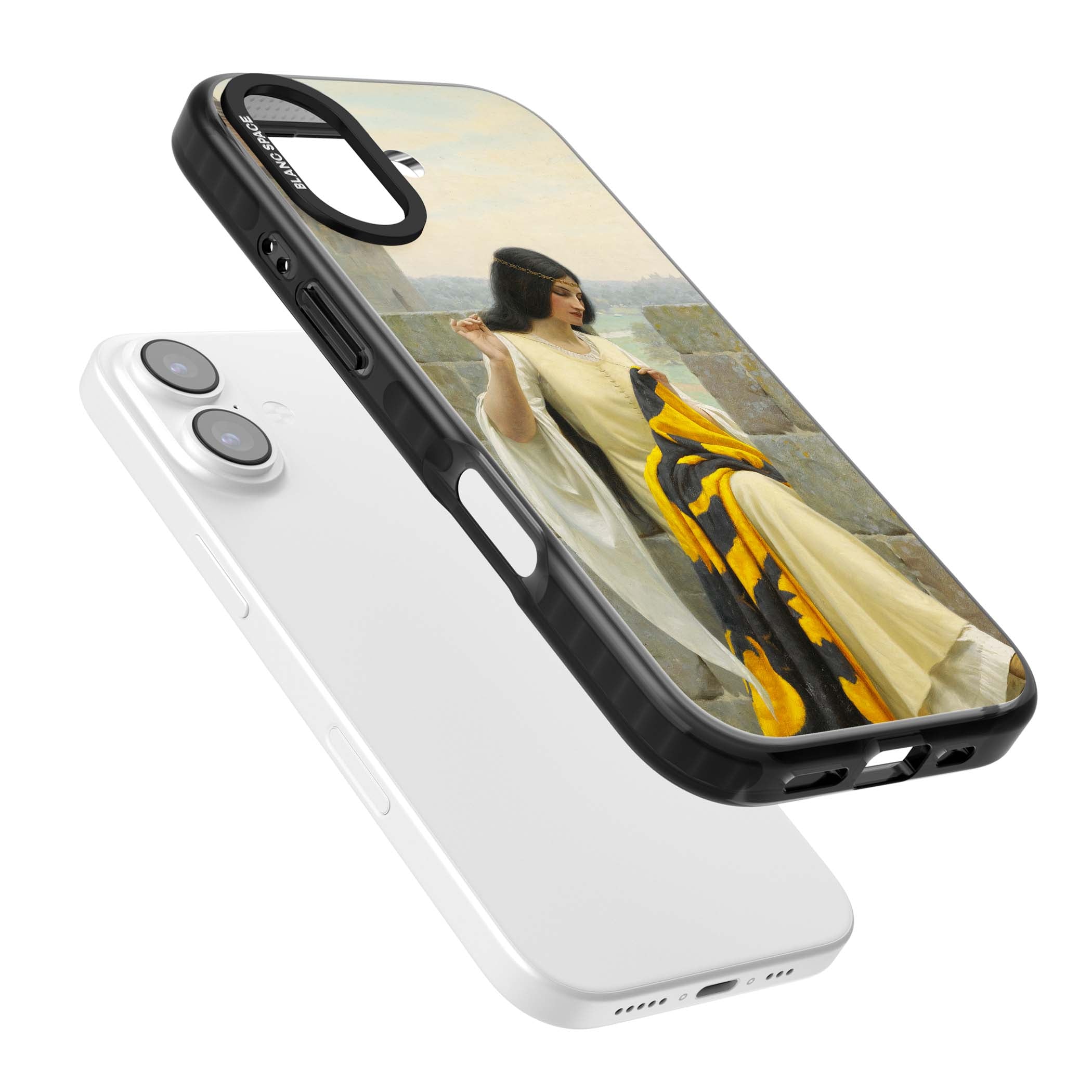 Stitching the Standard renaissance art iPhone case featuring a medieval lady sewing a golden banner on a castle wall | Black Impact Magsafe case for iPhone 17