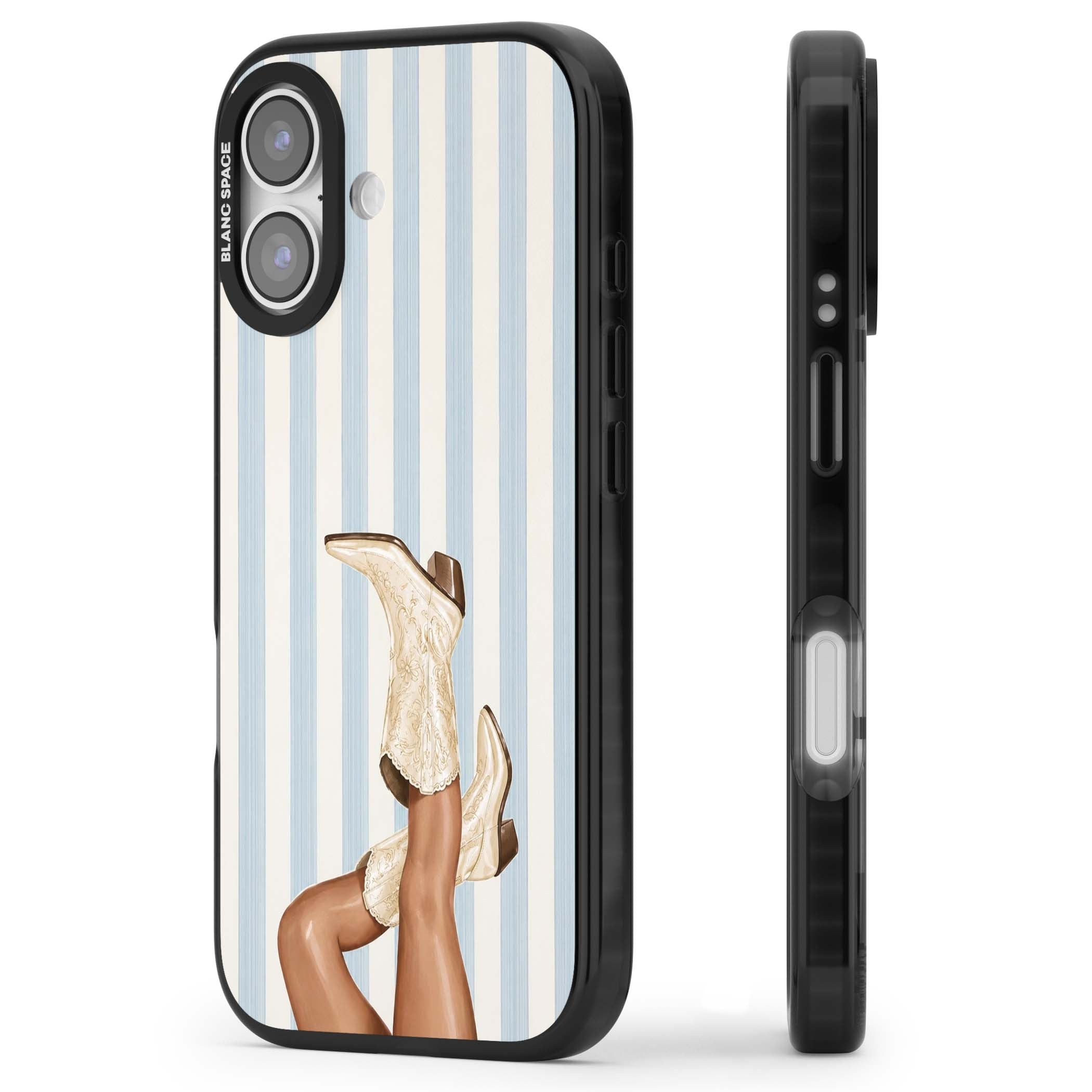 Cowgirl Boots coastal cowgirl iPhone case featuring embroidered western boots, tanned legs and a blue stripe backdrop | Black Impact Magsafe case for iPhone 17