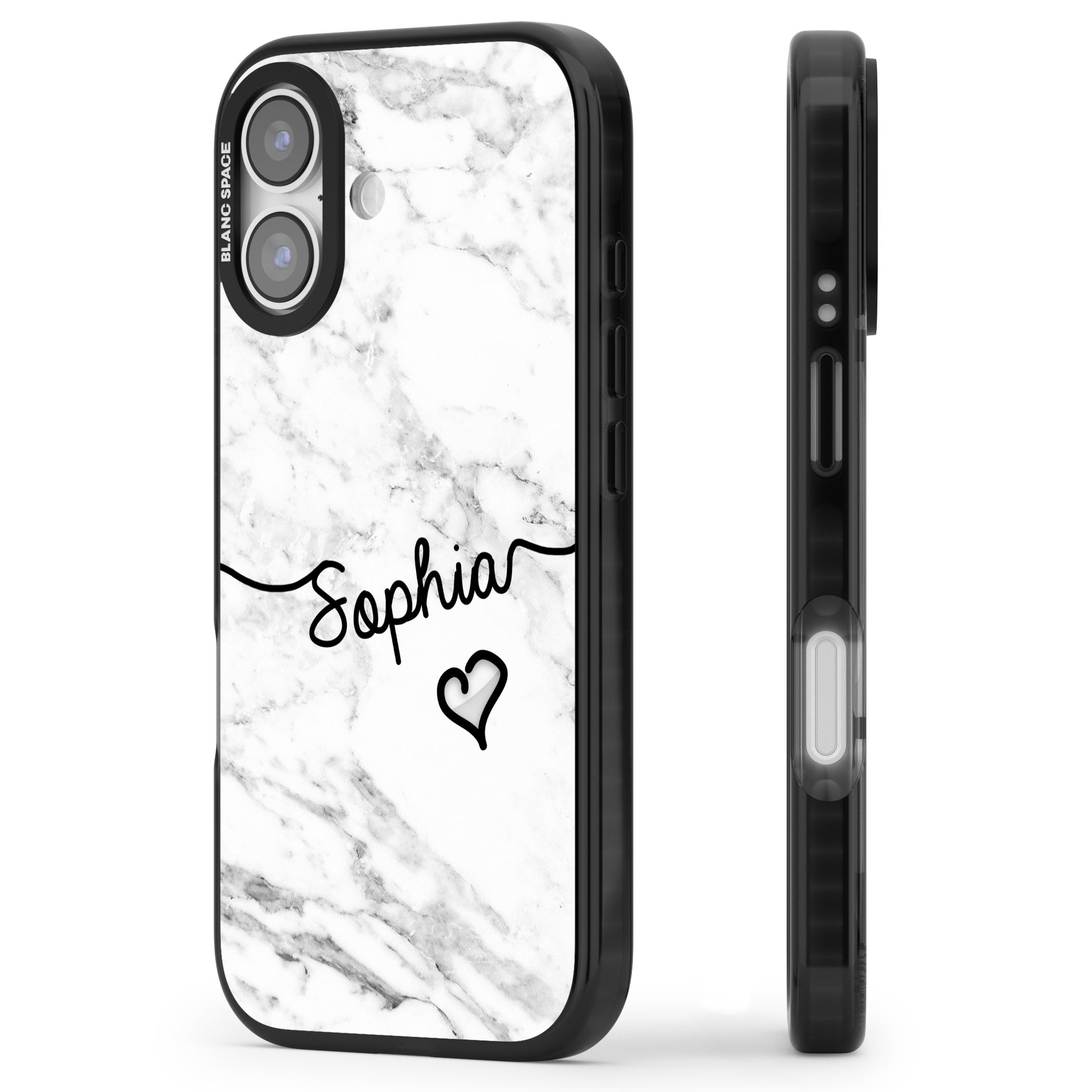 Personalised White Marble Heart iPhone 17 Impact Pro Black Phone Case Side Profile