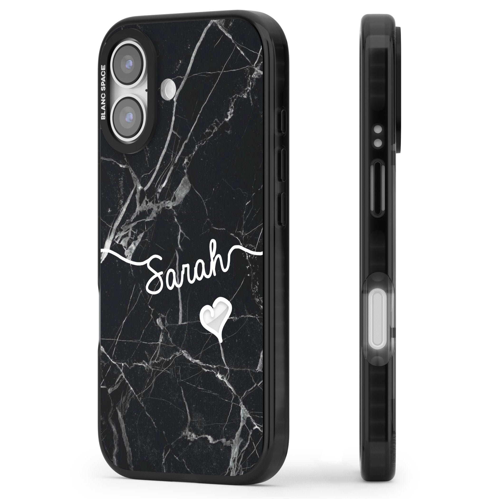 Personalised Black Marble Heart iPhone 17 Impact Pro Black Phone Case Side Profile