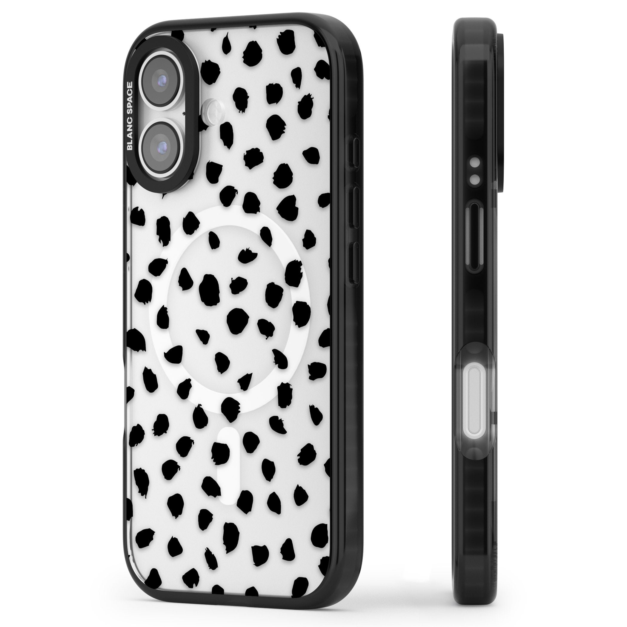 Black Dalmatian Polka Dot iPhone 17 Impact Pro Black Phone Case Side Profile