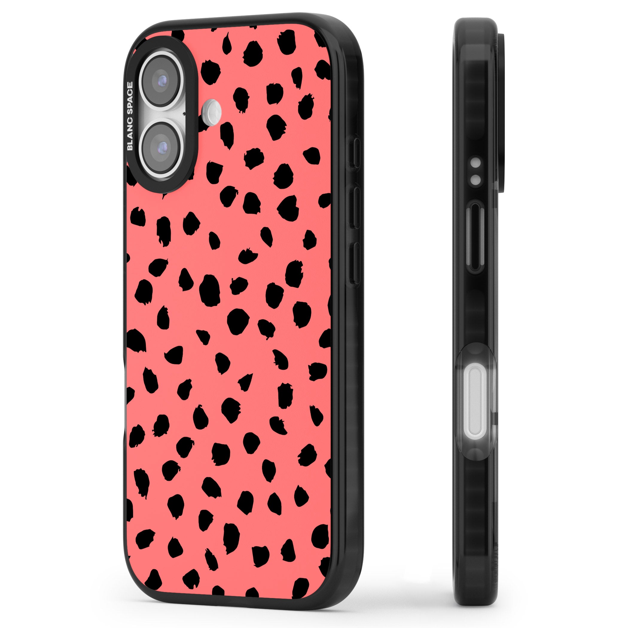 Black Dalmatian Spots On Coral iPhone 17 Impact Pro Black Phone Case Side Profile