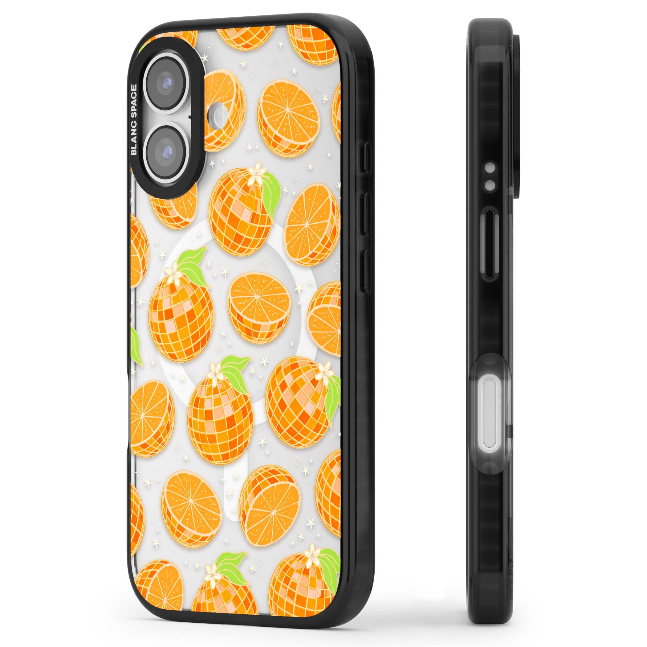 Disco Oranges retro iPhone case featuring mirrorball oranges, citrus slices and tiny blossoms on clear | Black Impact Magsafe case for iPhone 17