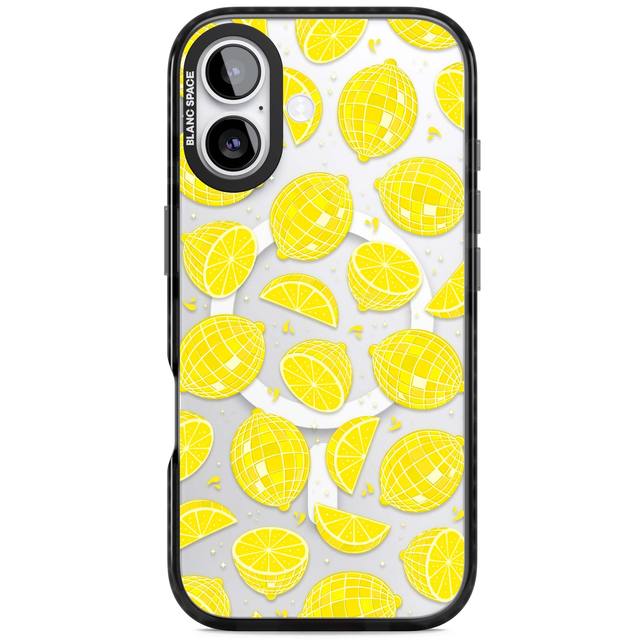 Disco Lemons citrus iPhone case featuring mirrorball lemons, sliced fruit and sparkle accents | Black Impact Magsafe case for iPhone 17