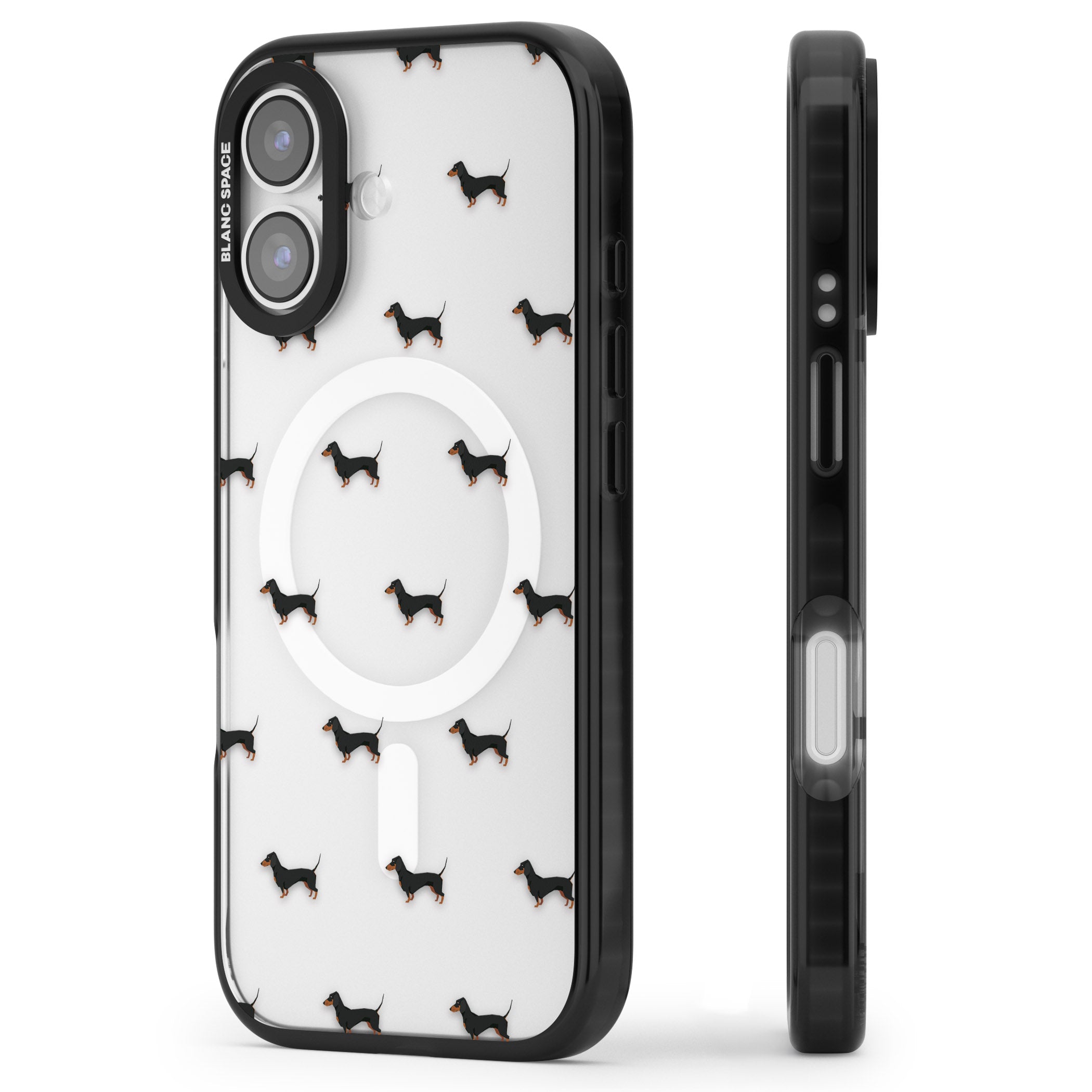 Dachshund Pattern Clear iPhone 17 Impact Pro Black Phone Case Side Profile