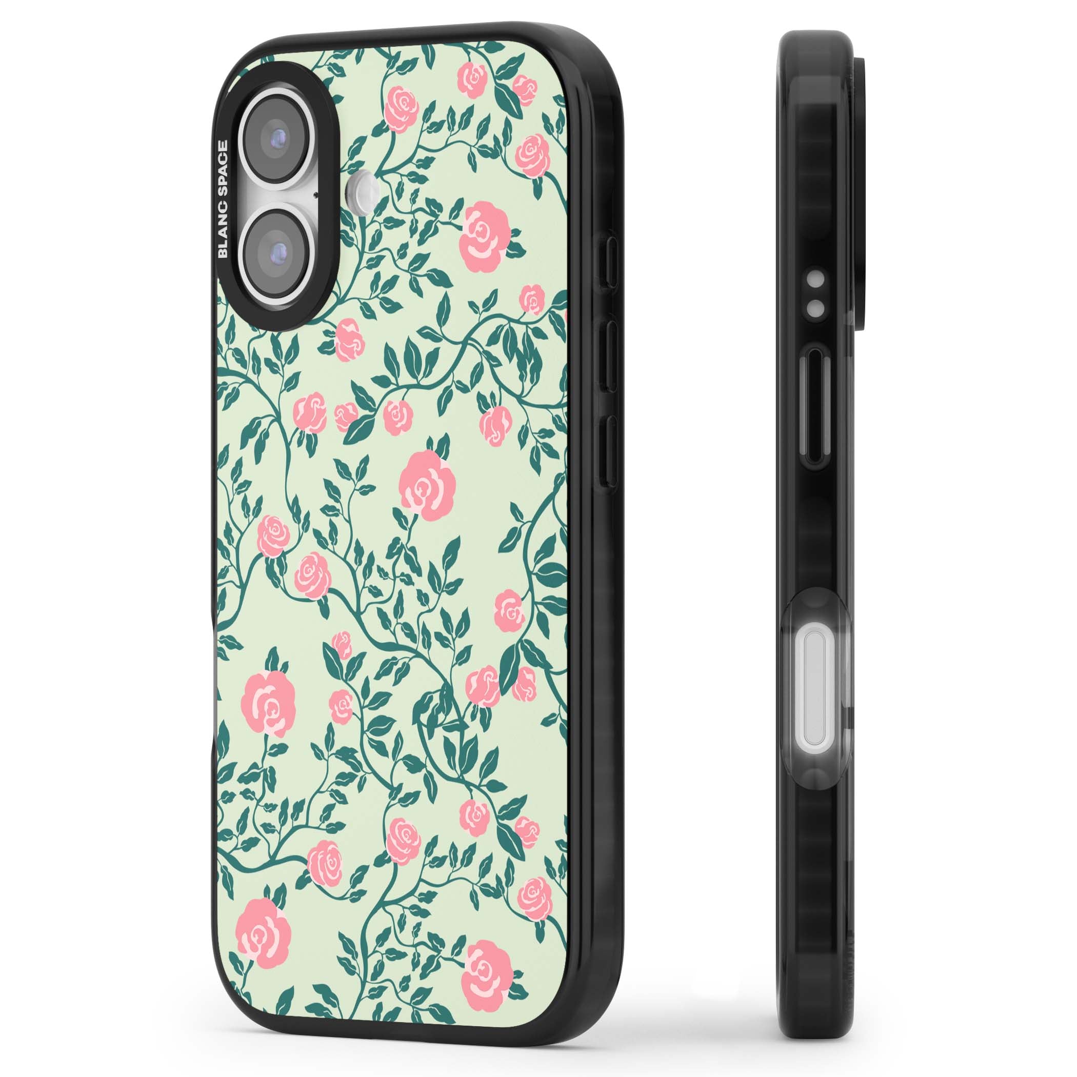 Rose Trellis cottagecore iPhone case featuring pink roses, sage green vines, and mint background | Black Impact Magsafe case for iPhone 17