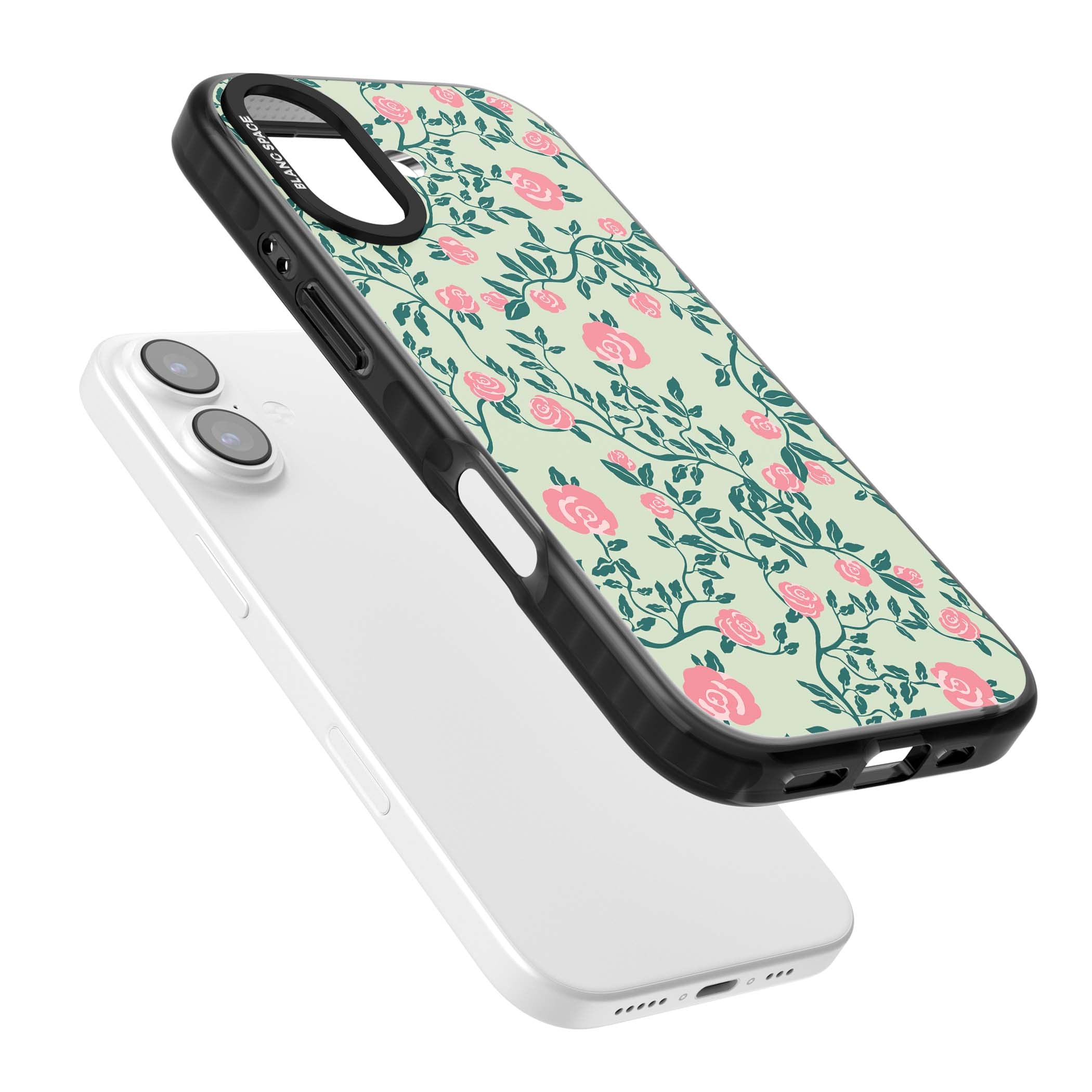Rose Trellis cottagecore iPhone case featuring pink roses, sage green vines, and mint background | Black Impact Magsafe case for iPhone 17