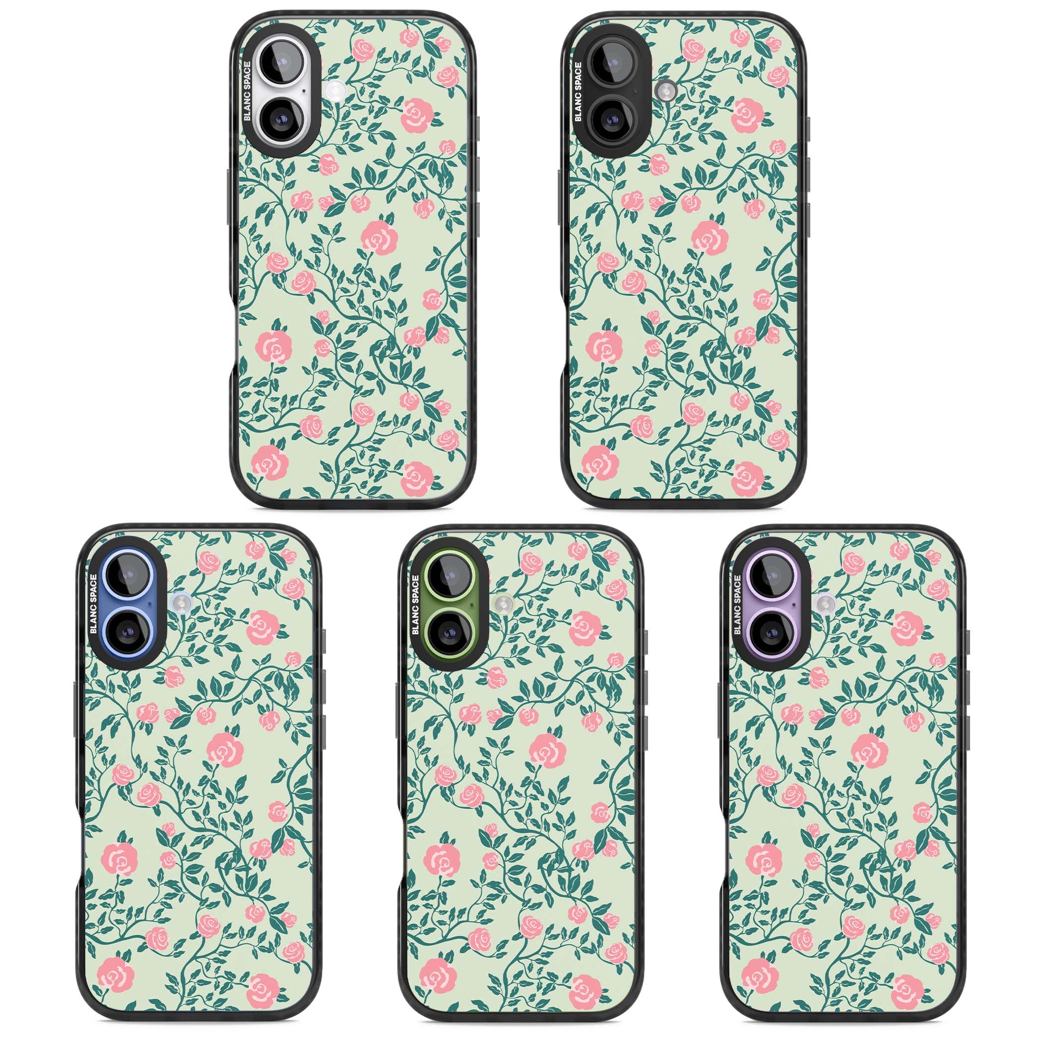 Rose Trellis cottagecore iPhone case featuring pink roses, sage green vines, and mint background | Black Impact Magsafe case for iPhone 17
